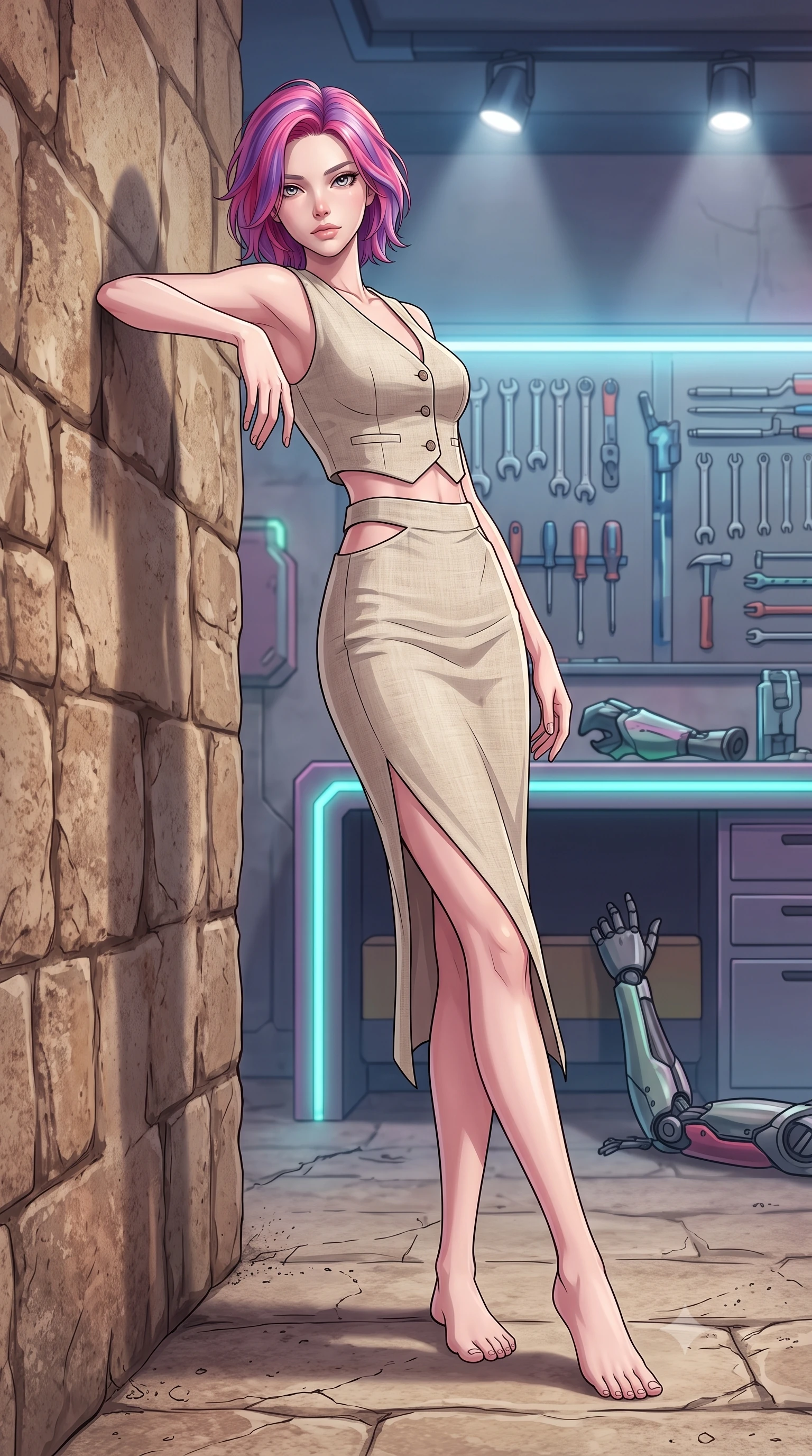 score_9, masterpiece, best quality, ultra-detailed, high-budget anime keyframe, tasteful artistic composition, Caucasian woman. low angle full-body shot from head to toe showing her feet, filling the entire 9:16 vertical frame with her statuesque presence, stretching her vertical silhouette. leaning back against a rustic stone wall, casting a slow, alluring gaze at the camera the background shows a soft-focus a futuristic workshop with tool racks, cyber-wear parts, and a neon workbench. She has an absolutely perfect, statuesque 8.5-heads proportion, an exceptionally tall and slender model-like female figure with impossibly long slender legs and an ultra-slim waist. sharp v-shaped jawline, high-bridge nose, intricate jewel-like eyes with depth, thick eyelashes, glossy lips with a natural sheen. wearing a tailored tailored vacation outfit of a linen crop vest and a matching side-slit midi skirt, revealing a subtle waist cutout. bright workbench spotlights casting clear, detailed front lighting and soft back shadow. highly saturated vibrant anime colors, cel-shading, 2d style, master piece, 9:16 ratio