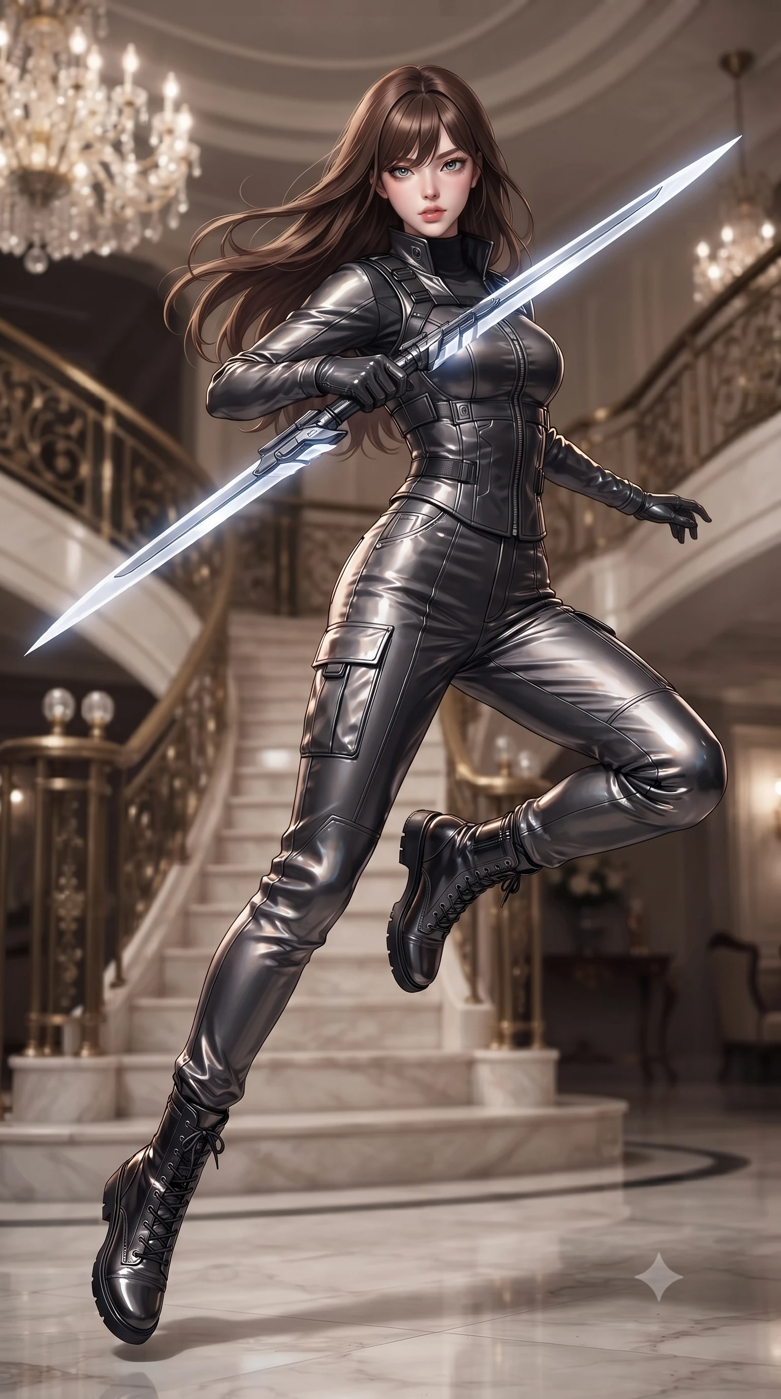 score_9, masterpiece, best quality, ultra-detailed, high-budget anime keyframe, editorial fashion photography, tasteful artistic composition, Korean woman. low angle full-body shot from head to toe showing her feet, filling the entire 9:16 vertical frame with her statuesque presence, stretching her vertical silhouette. leaping forward while slashing with a twin-bladed plasma sword in mid-air, her body-contouring suit showing her athletic silhouette, the background shows a soft-focus a grand staircase lobby with brass railings and crystal chandeliers in soft focus. She has an absolutely perfect, statuesque 8.5-heads proportion, an exceptionally tall and slender model-like female figure with impossibly long slender legs and an ultra-slim waist. sharp v-shaped jawline, high-bridge nose, intricate jewel-like eyes with depth, thick eyelashes, glossy lips with a natural sheen. wearing a slim-fit tailored high-collar carbon-plated tactical vest worn over a high-neck protective utility undershirt and reinforced cargo pants. soft spotlighting highlighting the silk textures of her elegant outfit. ultra-reflective glossy finish, specular highlights, metallic sheen, high-contrast stereoscopic depth, volumetric dynamic lighting, 2k, ultra detail, master piece, 9:16 ratio