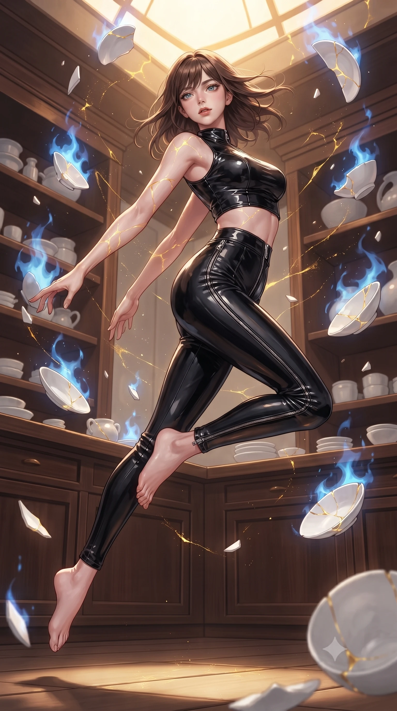 score_9, masterpiece, best quality, ultra-detailed, high-budget anime keyframe, editorial fashion photography, tasteful artistic composition, Korean woman. low angle full-body shot from head to toe showing her feet, filling the entire 9:16 vertical frame with her statuesque presence, stretching her vertical silhouette. leaping gracefully through the environment with statuesque elegance and long slender legs standing in a craftsman atelier where white ceramic shards float in blue alchemy flames, polished dark wood and white ceramic textures contrasting elegantly. She has an absolutely perfect, statuesque 8.5-heads proportion, an exceptionally tall and slender model-like female figure with impossibly long slender legs and an ultra-slim waist. sharp v-shaped jawline, high-bridge nose, intricate jewel-like eyes with depth, thick eyelashes, glossy lips with a natural sheen. wearing a glossy vinyl crop top and high-waist tailored leggings with sleek metallic zippers, the sleek second-skin texture accentuating her magnetic presence. bathed in radiant golden kintsugi light radiating from ceramic cracks. ultra-reflective glossy finish, specular highlights, metallic sheen, high-contrast stereoscopic depth, volumetric dynamic lighting, 2k, ultra detail, master piece, 9:16 ratio