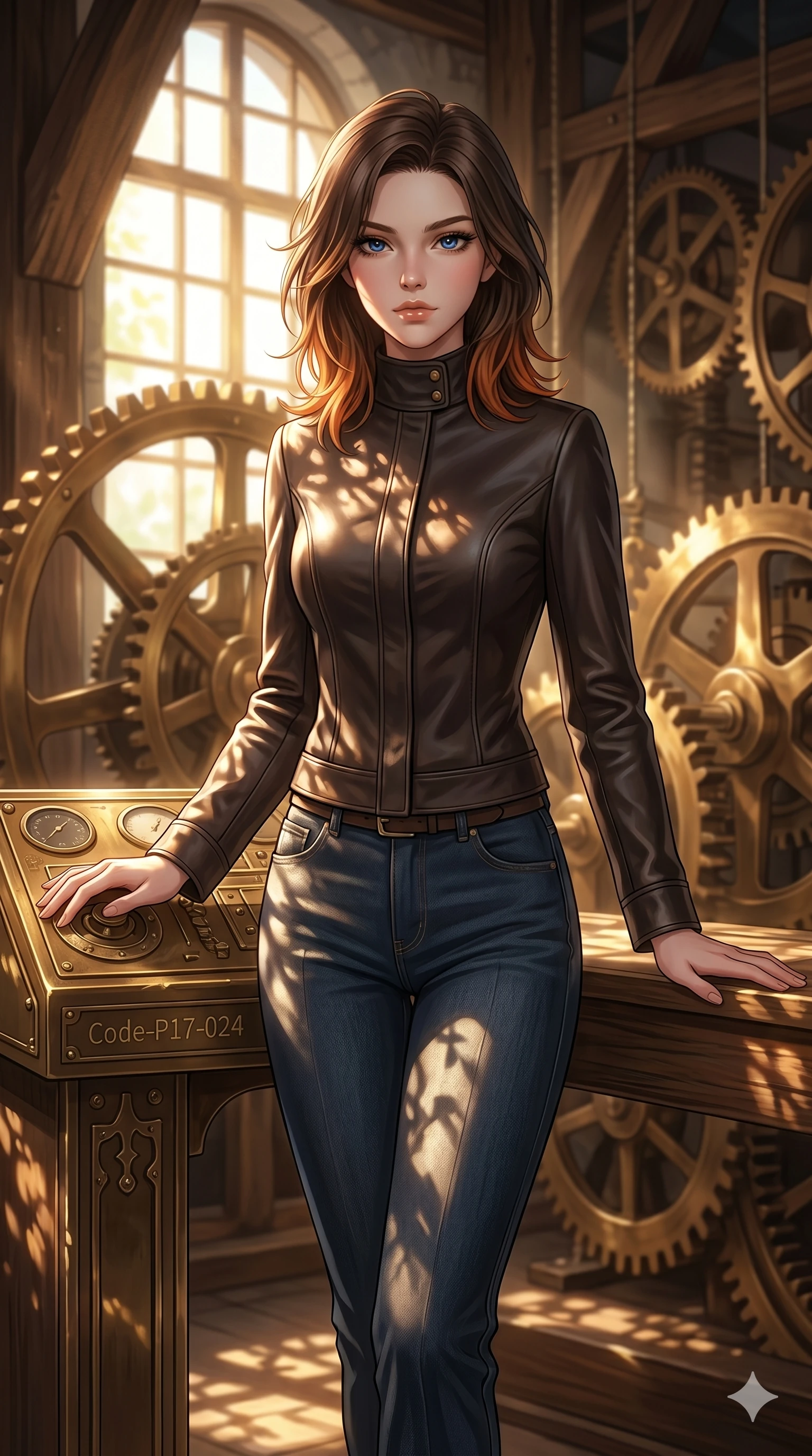 score_9, masterpiece, best quality, ultra-detailed, high-budget anime keyframe, editorial fashion photography, tasteful artistic composition, Korean woman. cowboy shot from the thighs up, character and outfit filling the frame for maximum editorial presence. resting her hands on the control panel, looking at the camera with an air of quiet self-assurance in an antique clock tower with massive turning bronze gears (Code-P17-024). She has an absolutely perfect 8-heads proportion, an exceptionally tall and slender female figure with impossibly long slender legs and an ultra-slim waist. V-shaped jawline, high-bridge nose, intricate jewel-like eyes with depth, thick eyelashes, glossy lips with a natural sheen. wearing a tailored high-neck leather jacket over smart matching denim trousers. drenched in brilliant morning sunshine, casting long warm highlights and leaf patterns on her skin. 2k, ultra detail, master piece, 9:16 ratio