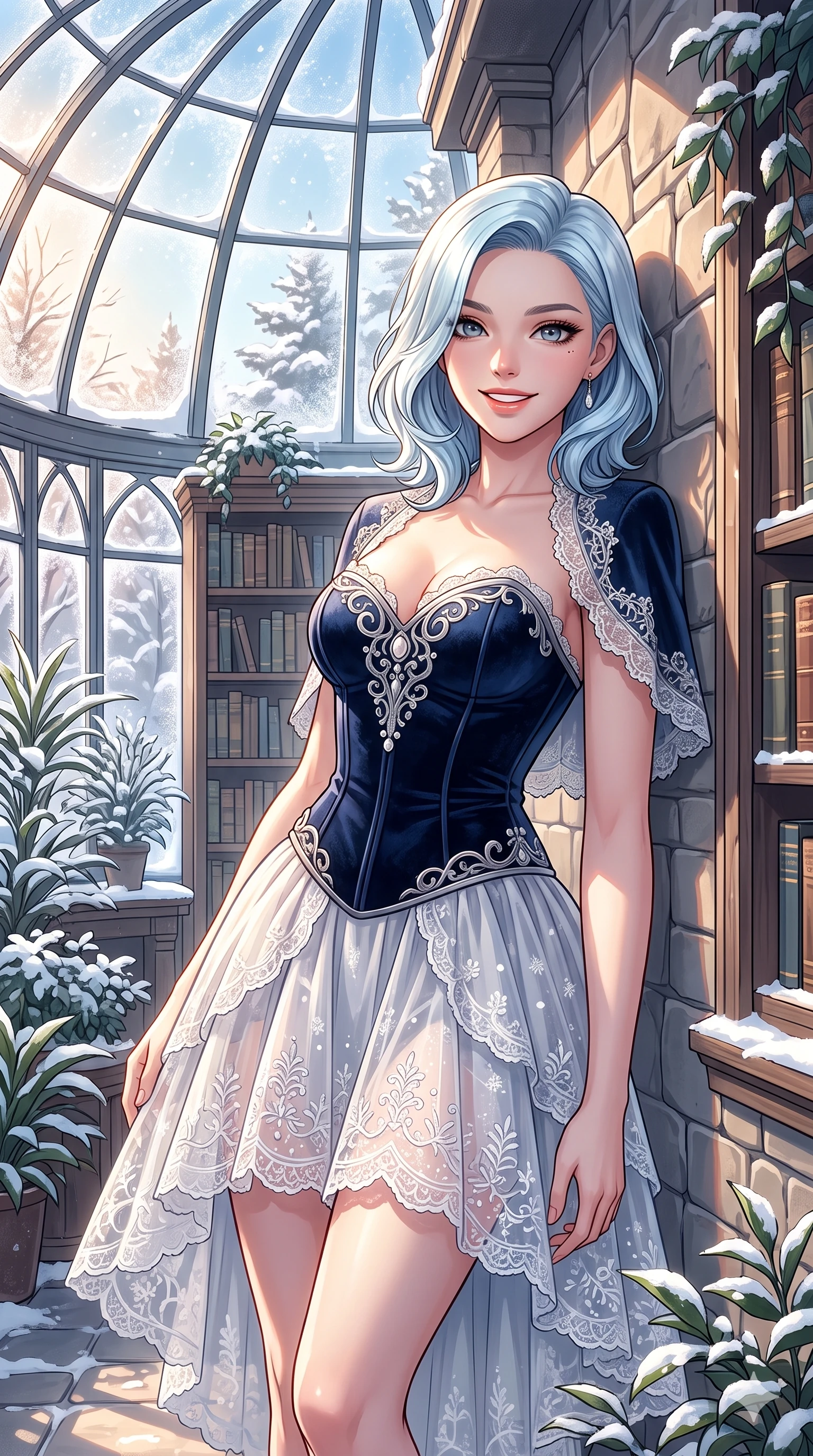 score_9, masterpiece, best quality, ultra-detailed, high-budget anime keyframe, vibrant anime aesthetic, Korean woman. cowboy shot from the thighs up, character and outfit filling the frame for maximum presence. She is leaning against a villa wall, looking at the camera with a bright, friendly winter smile inside a glass dome library with winter plants (Code-P21-143). She has an absolutely perfect 8-heads proportion, an exceptionally tall and slender female figure with impossibly long slender legs and an ultra-slim waist. V-shaped jawline, high-bridge nose, intricate jewel-like eyes with depth, thick eyelashes, glossy lips with a natural sheen. wearing a dark velvet corset combined with a sheer lace winter skirt. She is drenched in bright afternoon winter sun, highlighting the glossy textures of her outfit. 2k, ultra detail, master piece, 9:16 ratio
