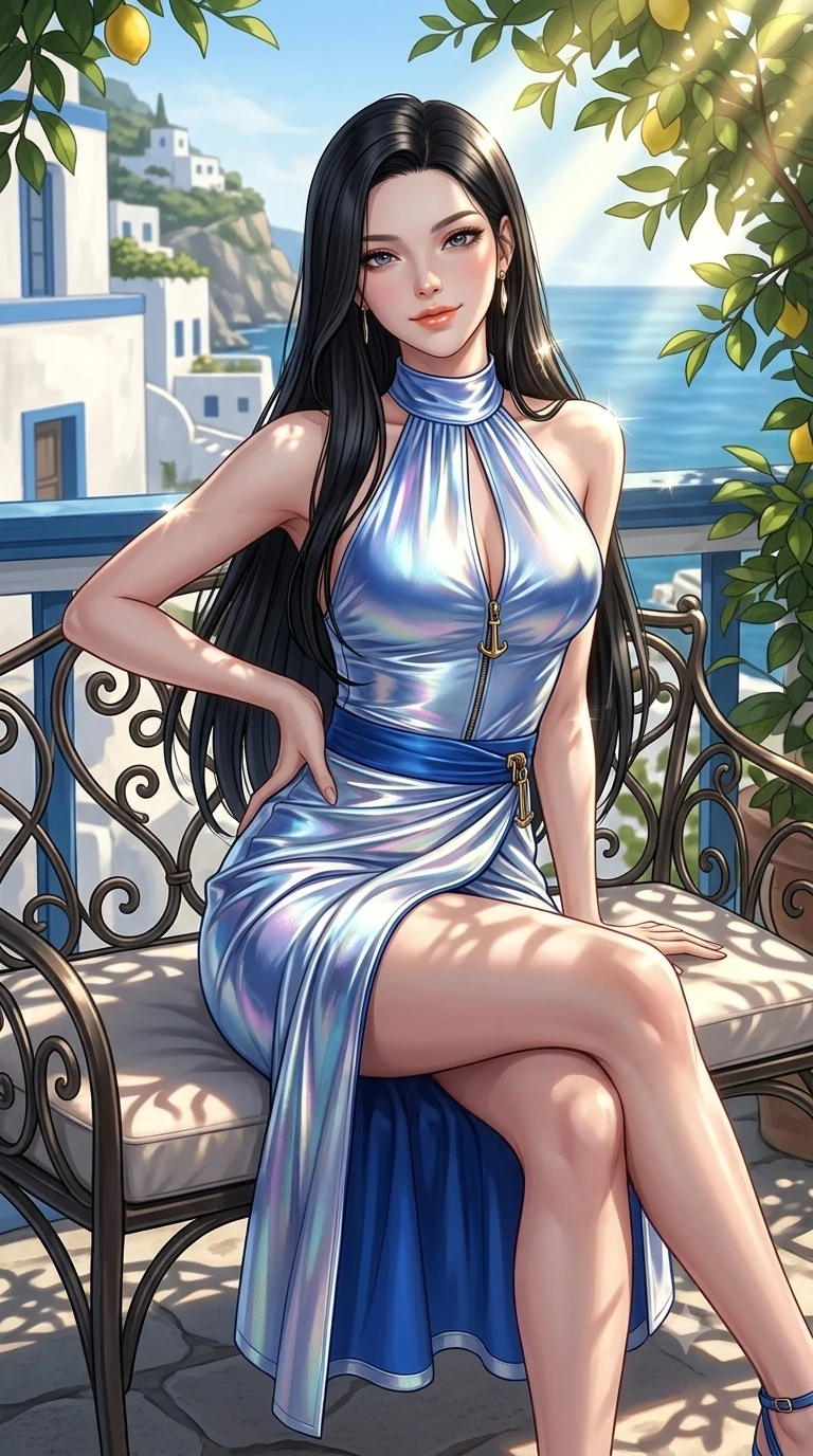 score_9, masterpiece, best quality, ultra-detailed, high-budget anime keyframe, semi-realistic 3D game render, editorial fashion photography, tasteful artistic composition, Korean woman. close-up cowboy shot from the waist and thighs up, the character dominates the composition, filling the frame with her large presence. arching her spine backward with effortless dancer poise, one hand sliding along her hip line as directional light carves specular highlights along her silhouette while sitting gracefully on the wrought-iron balcony settee with legs crossed, flashing a coquettish smile with parted glossy lips. The surrounding environment is rendered in vivid detail and crisp panoramic clarity: detailed sheer peasant crop blouse tailoring, micro-wrap denim skirt, and Mediterranean coastal architecture in razor-sharp precision. She has an exceptionally elegant, slender, and willowy female figure with an ultra-slim waist, flat toned midriff, narrow ribcage, and sculpted feminine hips creating an alluring, slim hourglass silhouette without bulk. sharp v-shaped jawline, high-bridge nose, sparkling eyes with hypnotic seductive depth, thick curled eyelashes, glossy parted lips with a natural dewy peach sheen, alluring bedroom-eyes with an enchanting coquettish smile, exuding magnetic siren charisma and sophisticated glamour, flawlessly proportioned anatomical accuracy, strict slender model proportions, natural body alignment, perfectly sculpted long slender limbs, ultra-slim waistline, clean dynamic posture without body distortion. wearing a structured high-neck halterneck maillot dress with modest keyhole and tailored wrap skirt in Mykonos whitewash and cobalt blue, crafted from luxurious metallic lamé that shifts radiance with every step, finished with sleek heavy-duty brass anchor zip pulls and nautical hardware, the impeccably tailored cut draping gracefully along her slender figure with aristocratic resort poise. bathed in warm 2900K afternoon sunbeams filtering through dense green lemon foliage creating intricate organic shadow patterns. highly saturated vibrant anime colors, detailed shading with soft gradients, rich glossy textures, high-contrast stereoscopic depth, volumetric dynamic lighting, master piece, 9:16 ratio
