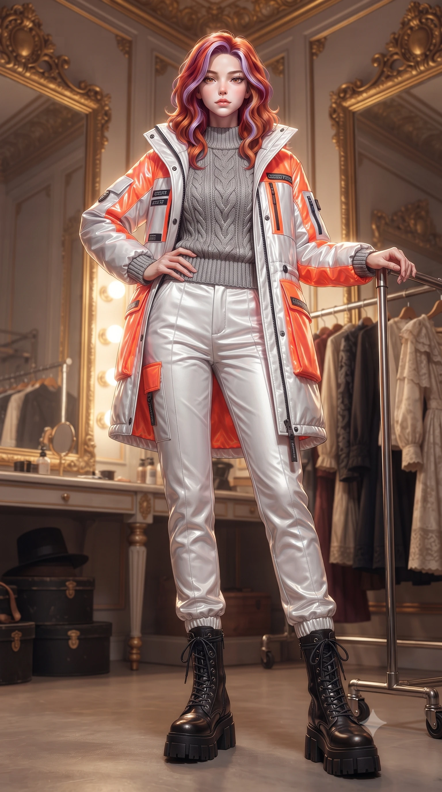score_9, masterpiece, best quality, ultra-detailed, high-budget anime keyframe, editorial fashion photography, tasteful artistic composition, Caucasian woman. low angle full-body shot from head to toe showing her feet, filling the entire 9:16 vertical frame with her statuesque presence, stretching her vertical silhouette. posing confidently with one hand on her hip, stretching her statuesque body to emphasize her curves the background shows a soft-focus the backstage lounge of an opera house with gold mirrors and vintage costume racks. She has an absolutely perfect, statuesque 8.5-heads proportion, an exceptionally tall and slender model-like female figure with impossibly long slender legs and an ultra-slim waist. sharp v-shaped jawline, high-bridge nose, intricate jewel-like eyes with depth, thick eyelashes, glossy lips with a natural sheen. wearing a slim-fit heavy polar-station parka in white and neon orange tech-fabric, over a grey utility sweater. bright vanity spotlights casting detailed front lighting with soft back shadow. ultra-reflective glossy finish, specular highlights, metallic sheen, high-contrast stereoscopic depth, volumetric dynamic lighting, 2k, ultra detail, master piece, 9:16 ratio