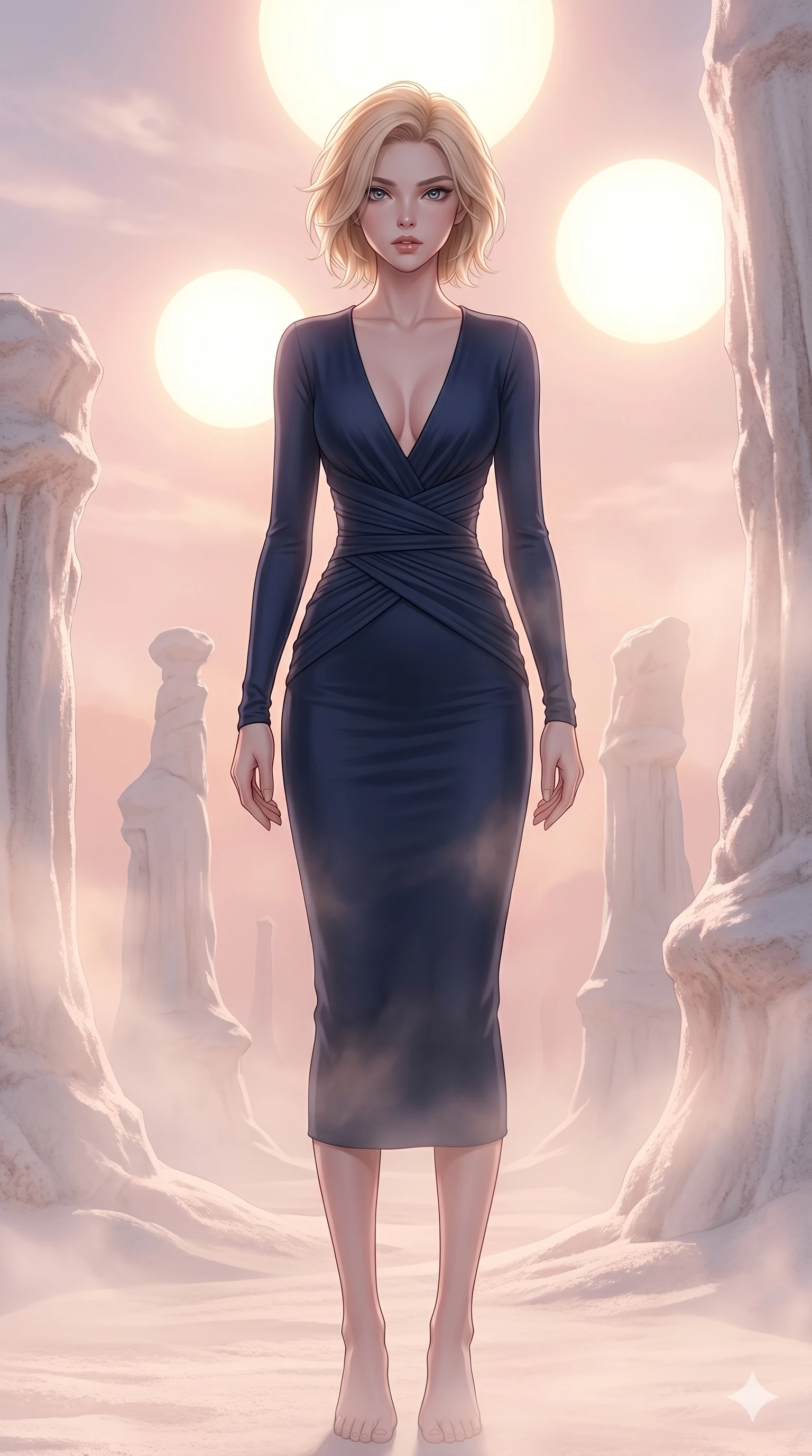 score_9, masterpiece, best quality, ultra-detailed, high-budget anime keyframe, editorial fashion photography, tasteful artistic composition, Caucasian woman, strictly human ears. cowboy shot from the thighs up, character and outfit filling the frame for maximum editorial presence. Tilting her chin up slightly with lips parted in a composed expression amidst a surreal desert of white salt pillars under a sky filled with three giant suns. She has an absolutely perfect 8-heads proportion, an exceptionally tall and slender female figure with impossibly long slender legs and an ultra-slim waist. V-shaped jawline, high-bridge nose, intricate jewel-like eyes with depth, thick eyelashes, glossy lips with a natural sheen. wearing a deep-V neck midi dress in midnight blue matte jersey with strategic waist ruching, long slim sleeves, and a form-contouring fit that highlights her elegant proportions. bathed in soft rose-gold dawn light filtering through atmospheric volumetric fog that wraps her silhouette. 2k, ultra detail, master piece, 9:16 ratio