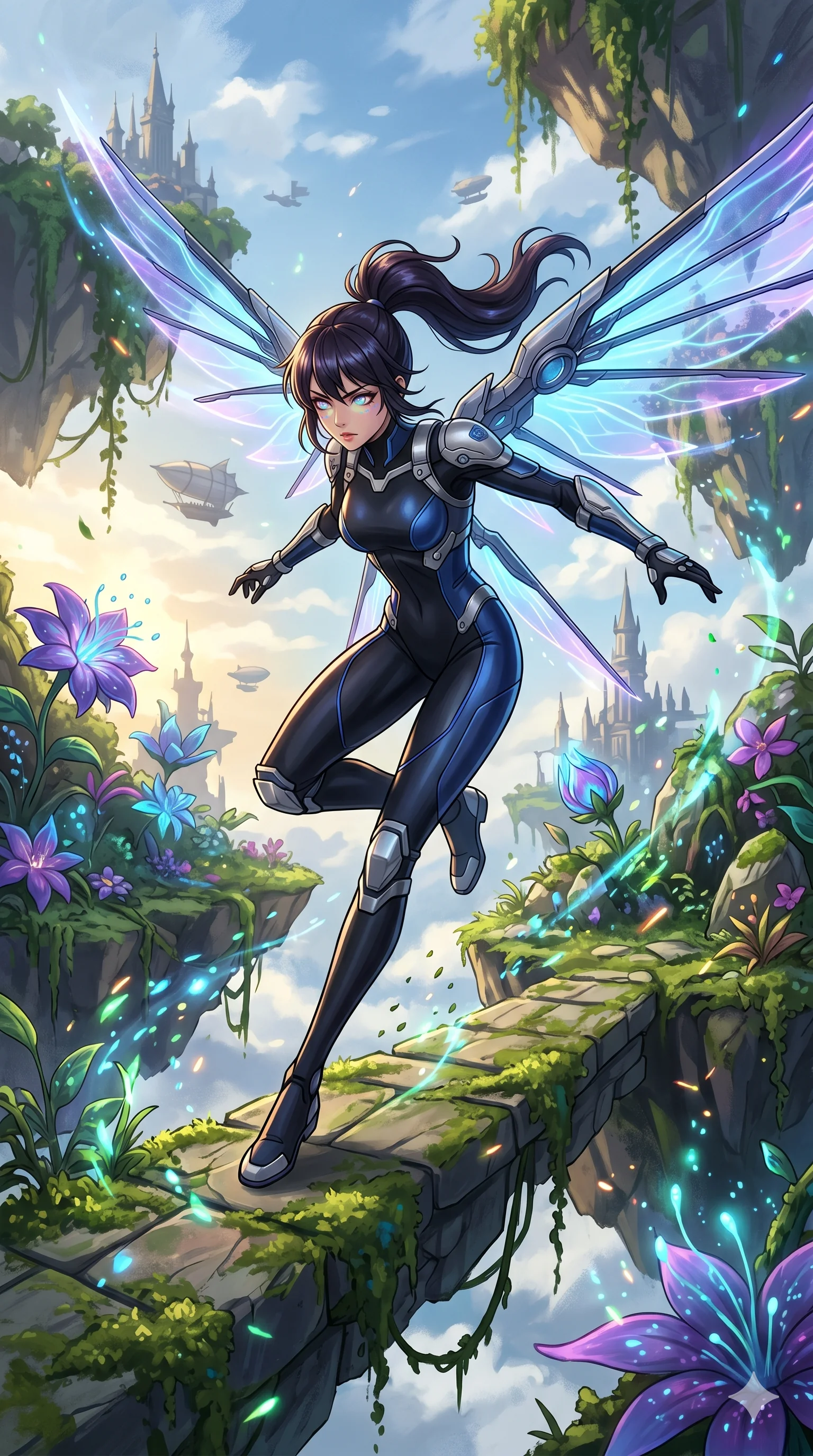 score_9, masterpiece, best quality, ultra-detailed, Set A: High-budget Anime Keyframe, Korean woman. Low angle cowboy shot filling the entire 9:16 frame with her statuesque presence. Leaping through a floating botanical garden, while her eyes glow with 210 different colors and surrounded by glowing energy sparks. She has an absolutely perfect 8-heads proportion, an exceptionally tall and slender female figure with impossibly long slender legs and an ultra-slim waist. Sharp v-shaped jawline, high-bridge nose, intricate jewel-like eyes with depth, thick eyelashes, glossy lips with a natural sheen. Wearing Cybernetic wingsuit with glowing wing membranes and a sleek pilot bodysuit. Cinematic lighting, vibrant colors, dramatic shadows, 2k, ultra detail, master piece, 9:16 ratio