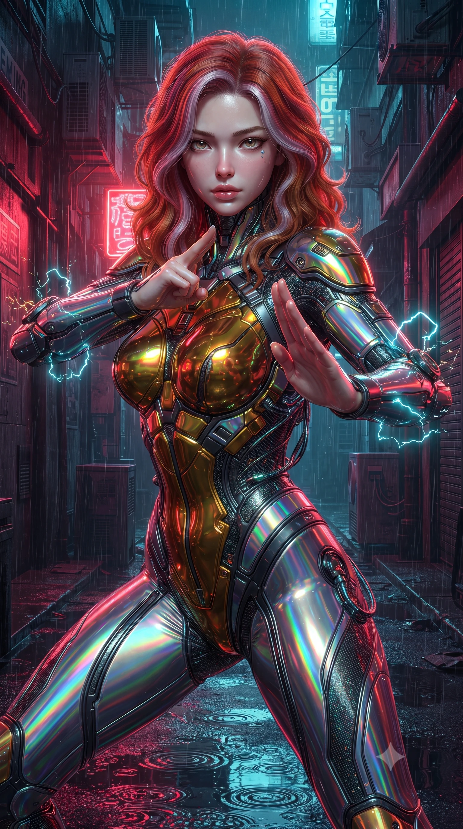 score_9, masterpiece, best quality, ultra-detailed, high-budget anime keyframe, editorial fashion photography, tasteful artistic composition, Caucasian woman. close-up cowboy shot from the waist and thighs up, the character dominates the composition, filling the frame with her large presence. twisting her upper body in a dynamic S-curve martial arts stance, cybernetic elbow dampers emitting subtle electric sparks as she aims a focused palm strike while assuming a defensive Panzer Kunst combat stance in a narrow rain-soaked cyberpunk alley as cyan electromagnetic arcs crackle on her elbows. The surrounding environment is rendered in vivid detail and crisp panoramic clarity. intricate cybernetic conduit wires on armor, electric arc discharge filaments, and puddle ripples in high resolution. She has an exceptionally elegant, slender, and willowy female figure with an ultra-slim waist, a gracefully sculpted slender torso, toned flat midriff, and a refined slim silhouette. sharp v-shaped jawline, high-bridge nose, intricate jewel-like eyes with depth, thick eyelashes, glossy lips with a natural sheen, flawlessly proportioned anatomical accuracy, strict slender model proportions, natural body alignment, perfectly sculpted long slender limbs, ultra-slim waistline, clean dynamic posture without body distortion. wearing a sculpted molten-gold and dark carbon cuirass paired with high-mobility combat leggings and kinetic energy channels in high-gloss iridescent rainbow carbon with prism holographic sheen, crafted from semi-translucent cybernetic carbon-vinyl interwoven with glowing micro-filaments, reinforced by a sleek titanium kinetic harness and glowing micro-energy straps, the sleek second-skin cut tightly hugging her graceful clavicle, narrow waist, and feminine curves with athletic precision. bathed in vivid high-contrast neon crimson and deep cyan ambient rim lighting. ultra-reflective glossy finish, specular highlights, dark metallic sheen, high-contrast stereoscopic depth, volumetric dynamic lighting, 2k, ultra detail, master piece, 9:16 ratio