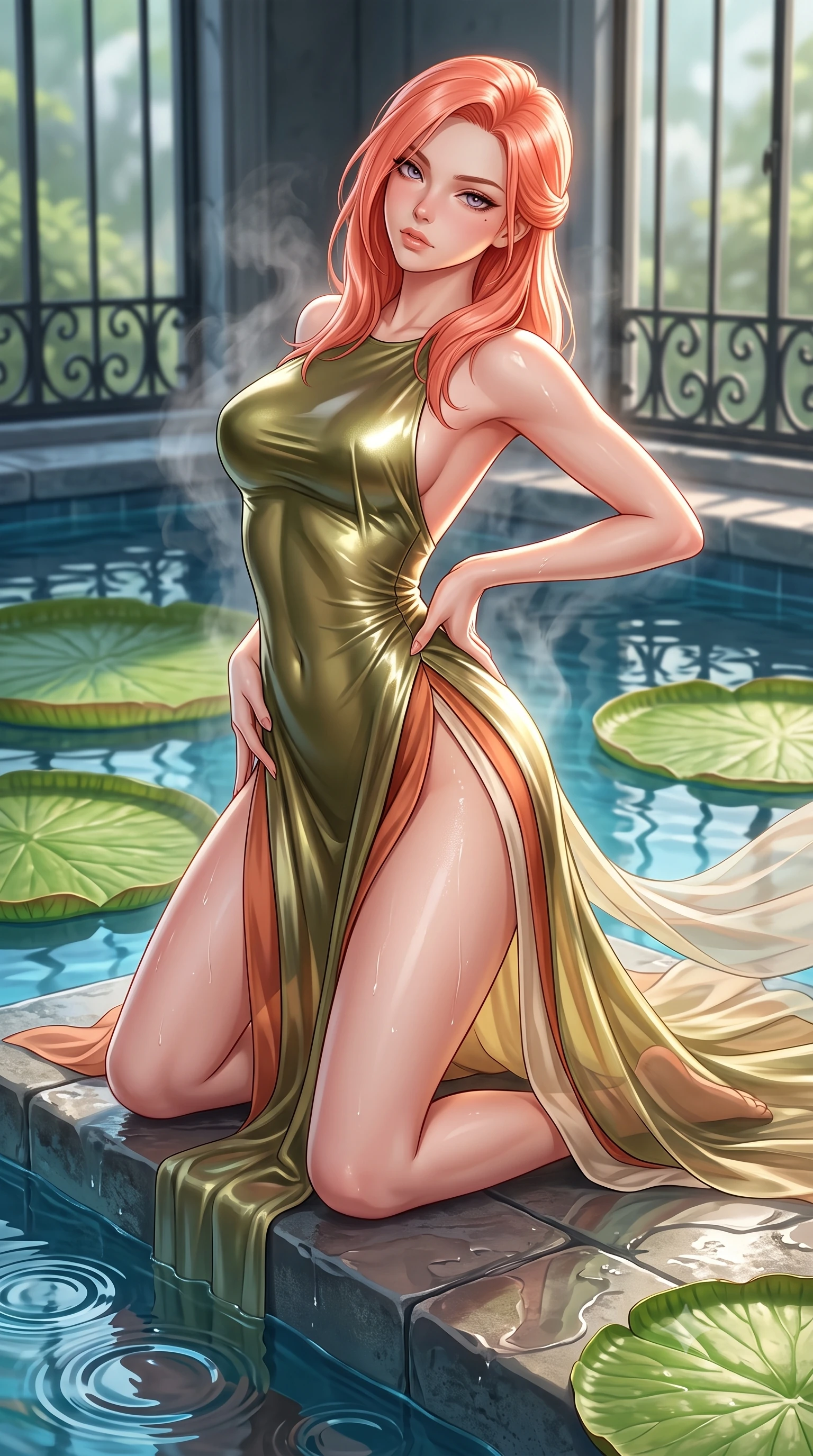 score_9, masterpiece, best quality, ultra-detailed, high-budget anime keyframe, semi-realistic 3D game render, editorial fashion photography, tasteful artistic composition, Japanese woman. close-up cowboy shot from the waist and thighs up, the character dominates the composition, filling the frame with her large presence. arching her spine backward with effortless dancer poise, one hand sliding along her hip line as directional light carves specular highlights along her silhouette while kneeling gracefully on a wet stone pool step with one hand on her hip, thermal steam rising to caress her feminine curves. The surrounding environment is rendered in vivid detail and crisp panoramic clarity. sharp water surface tension rings, giant lily pad vein textures, and wrought-iron window frames in deep focus. She has an exceptionally elegant, slender, and willowy female figure with an ultra-slim waist, a gracefully sculpted slender torso, toned flat midriff, and rounded feminine hips creating an alluring hourglass silhouette. sharp v-shaped jawline, high-bridge nose, intricate jewel-like eyes with depth, thick eyelashes, glossy parted lips with a natural sheen, intensely captivating and seductive bedroom-eyes expression, flawlessly proportioned anatomical accuracy, strict slender model proportions, natural body alignment, perfectly sculpted long slender limbs, ultra-slim waistline, clean dynamic posture without body distortion. wearing a liquid metallic olive gown with open side slits ascending to the high hip in warm terracotta and natural linen cream, crafted from weightless prism organza that refracts light with every motion, finished with breezy sheer chiffon train panels floating in the warm breeze, the glove-like aerodynamic silhouette tightly following the natural contour of her hips and long slender legs with statuesque precision. surrounded by an otherworldly, sensual, and exquisitely pure water-lily nymph aura. highly saturated vibrant anime colors, detailed shading with soft gradients, rich glossy textures, high-contrast stereoscopic depth, volumetric dynamic lighting, master piece, 9:16 ratio