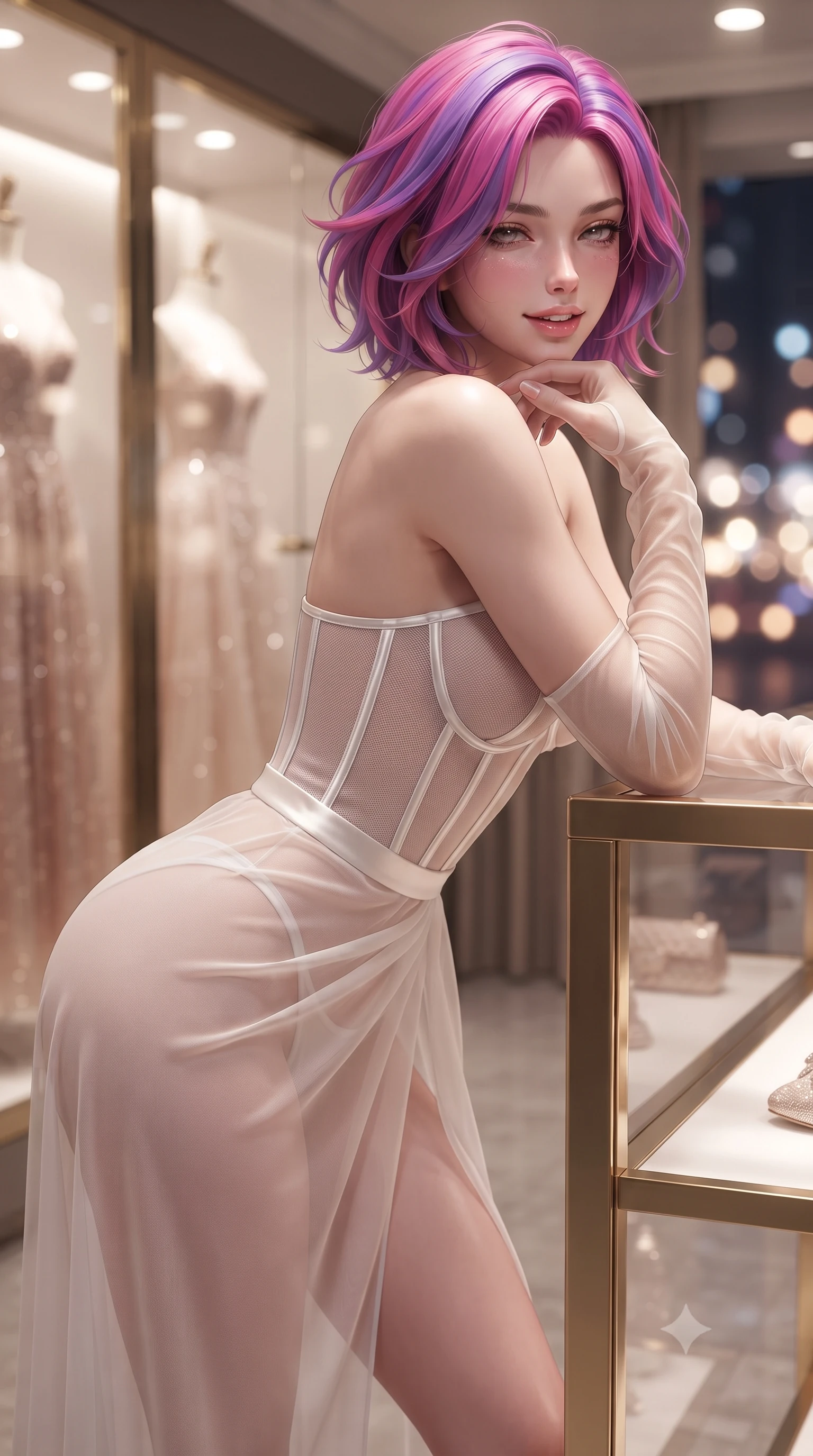 score_9, masterpiece, best quality, ultra-detailed, high-budget anime keyframe, editorial fashion photography, tasteful artistic composition, Caucasian woman. close-up cowboy shot from the waist and thighs up, the character dominates the composition, filling the frame with her large presence. resting one elbow on the table and supporting her chin, leaning close to the camera with heavy-lidded sparkling eyes and parted lips while leaning against the polished brass vitrine frame with hips cocked back, looking over a bare shoulder with an irresistible bedroom-gaze. The background shows a soft-focus illuminated glass vitrines showcasing haute-couture dresses, backlit bevelled mirrors, and glittering Gangnam night crossroads blurred into champagne, rose-gold, and sapphire bokeh. She has an exceptionally elegant, slender, and willowy female figure with an ultra-slim waist, flat toned midriff, narrow ribcage, and sculpted feminine hips creating an alluring, slim hourglass silhouette without bulk. sharp v-shaped jawline, high-bridge nose, intricate jewel-like sparkling eyes with depth, thick eyelashes, glossy parted lips with a natural peach sheen, bright cheerful beaming smile with an enchanting and coquettish sensual glint, exuding both youthful cute charm and seductive allure, flawlessly proportioned anatomical accuracy, strict slender model proportions, natural body alignment, perfectly sculpted long slender limbs, ultra-slim waistline, clean dynamic posture without body distortion. wearing a provocative translucent mesh corset bodice with boned satin channels paired with a sheer chiffon wrap maxi skirt in pure translucent crystal white and iridescent pearl, made of sheer gossamer chiffon that drapes softly against skin with airy translucence, complemented by sheer opera-length evening gloves tracing her slender arms, the high-slit wrap tailoring accentuating her ultra-slim waistline and the enchanting curve of her feminine hips with alluring seductive charm. bathed in soft 3000K cove downlights and radiant vitrine display backlights. ultra-reflective glossy finish, specular highlights, rich textural contrasts, high-contrast stereoscopic depth, volumetric dynamic lighting, 2k, ultra detail, master piece, 9:16 ratio