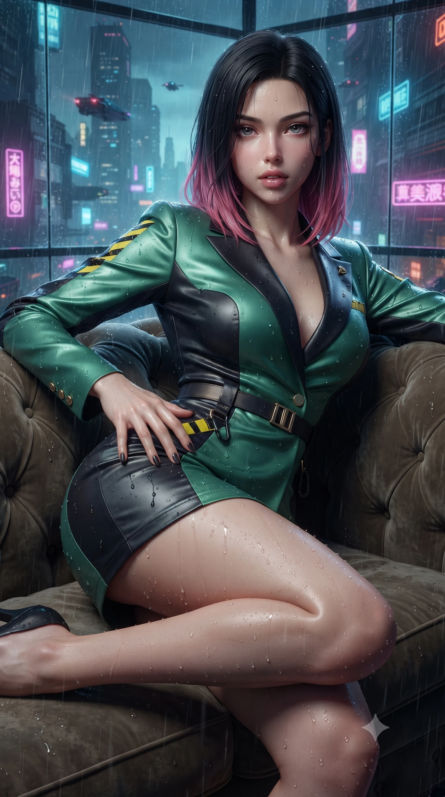score_9, masterpiece, best quality, ultra-detailed, high-budget anime keyframe, editorial fashion photography, tasteful artistic composition, Korean woman. close-up cowboy shot from the waist and thighs up, the character dominates the composition, filling the frame with her large presence. resting one manicured hand delicately on her hip bone, her upper body turning in a fluid, seductive S-curve while parted lips glisten in the light while reclining on a vintage velvet Chesterfield sofa inside a rain-streaked rooftop teahouse, one knee drawn up in a seductive Cleopatra pose. The surrounding environment is rendered in vivid detail and crisp panoramic clarity. detailed embroidered silk qipao fabric sheen, raindrops on skin, and cyberpunk cityscape in high clarity. She has an exceptionally elegant, slender, and willowy female figure with an ultra-slim waist, a gracefully sculpted slender torso, toned flat midriff, and rounded feminine hips creating an alluring hourglass silhouette. sharp v-shaped jawline, high-bridge nose, intricate jewel-like eyes with depth, thick eyelashes, glossy parted lips with a natural sheen, intensely captivating and seductive bedroom-eyes expression, flawlessly proportioned anatomical accuracy, strict slender model proportions, natural body alignment, perfectly sculpted long slender limbs, ultra-slim waistline, clean dynamic posture without body distortion. wearing a tailored satin tuxedo jacket dress with mandarin lapels and a slim gold-buckle belt in jade green and dark obsidian, crafted from flexible reflective spandex and tactical webbing, finished with high-visibility hazard warning tape details and carabiner clips, the glove-like aerodynamic silhouette tightly following the natural contour of her hips and long slender legs with statuesque precision. illuminated by wet specular asphalt bounce lights sharply sculpting her narrow waist and rounded hips. ultra-reflective glossy finish, specular highlights, rich textural contrasts, high-contrast stereoscopic depth, volumetric dynamic lighting, 2k, ultra detail, master piece, 9:16 ratio