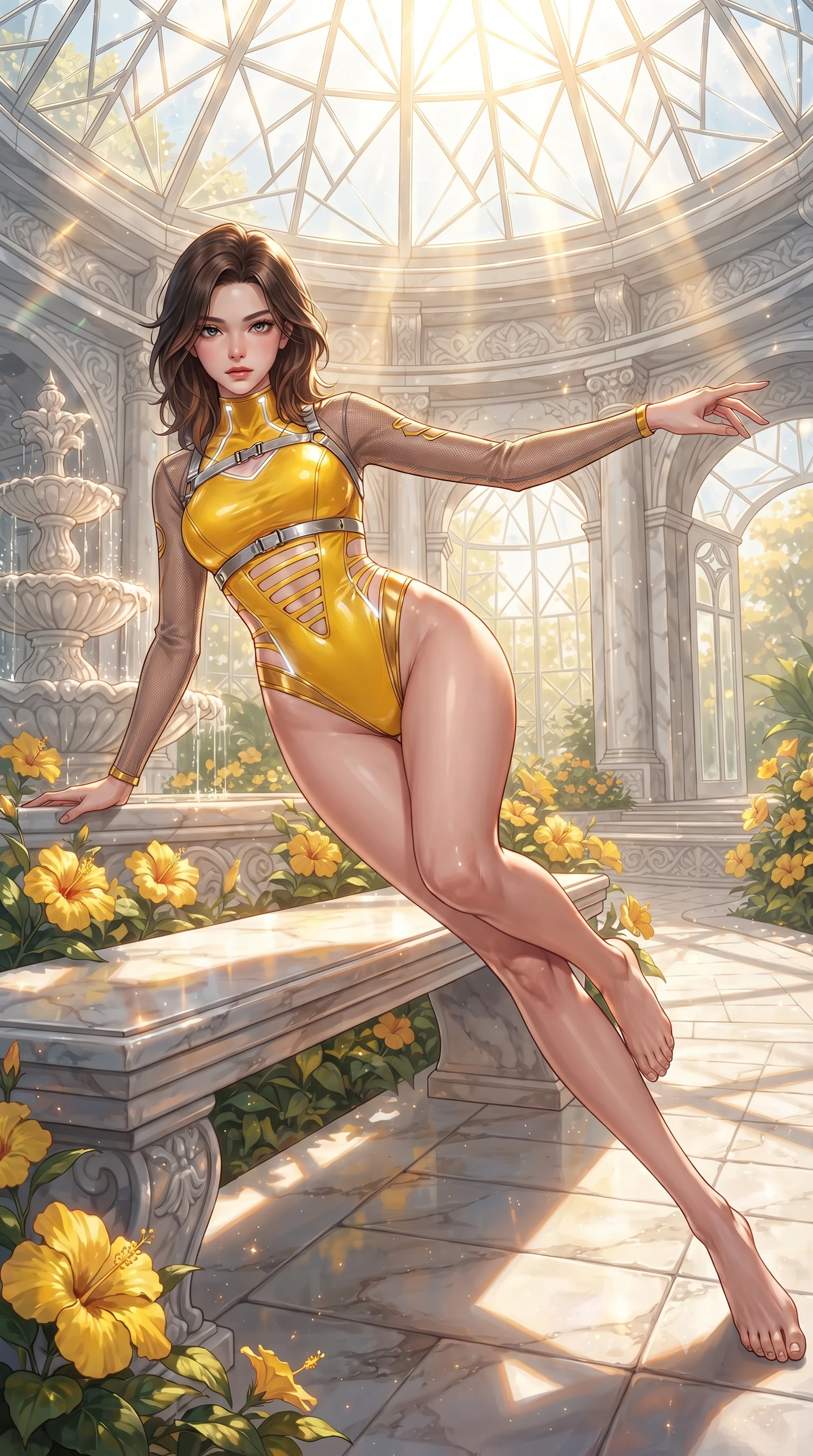 score_9, masterpiece, best quality, ultra-detailed, high-budget anime keyframe, editorial fashion photography, tasteful artistic composition, Korean woman. low angle full-body shot from head to toe showing her feet, filling the entire 9:16 vertical frame with her statuesque presence, stretching her vertical silhouette. performing an alluring mid-air vault with flawless poise, looking directly into the camera with smoldering intensity while reclining along a polished marble bench surrounded by blooming yellow hibiscus with an alluring smoldering gaze. The surrounding environment is rendered in vivid detail and crisp panoramic clarity. crisp glass geometric lattices, marble fountain carvings, and sunlit stone pathways in high resolution. She has an absolutely perfect, statuesque 8.5-heads proportion, an exceptionally tall and slender model-like female figure with impossibly long slender legs, a toned flat midriff, and an ultra-slim waist. sharp v-shaped jawline, high-bridge nose, intricate jewel-like eyes with depth, thick eyelashes, glossy lips with a natural sheen, flawlessly proportioned anatomical accuracy, strict slender model proportions, natural body alignment, perfectly sculpted long slender limbs, ultra-slim waistline, clean dynamic posture without body distortion. wearing an ultra-sleek high-cut tech-bodysuit featuring dangerous diagonal slitted cutouts on the midriff and shoulders, reinforced by a metallic silver harness and sheer mesh sleeves in vibrant sunburst canary yellow and gold trim, formed from high-gloss patent material with specular light reflections, accented with glowing fiber-optic seams tracing her collarbones and hip curves, the glove-like aerodynamic second-skin fit tightly clinging to her ultra-slender waist and athletic curves without adding bulk, accentuating her razor-sharp statuesque lines and slim hourglass silhouette. bathed in intense volumetric golden sunbeams streaming through crystalline glass dome panes. ultra-reflective glossy finish, specular highlights, metallic sheen, high-contrast stereoscopic depth, volumetric dynamic lighting, 2k, ultra detail, master piece, 9:16 ratio