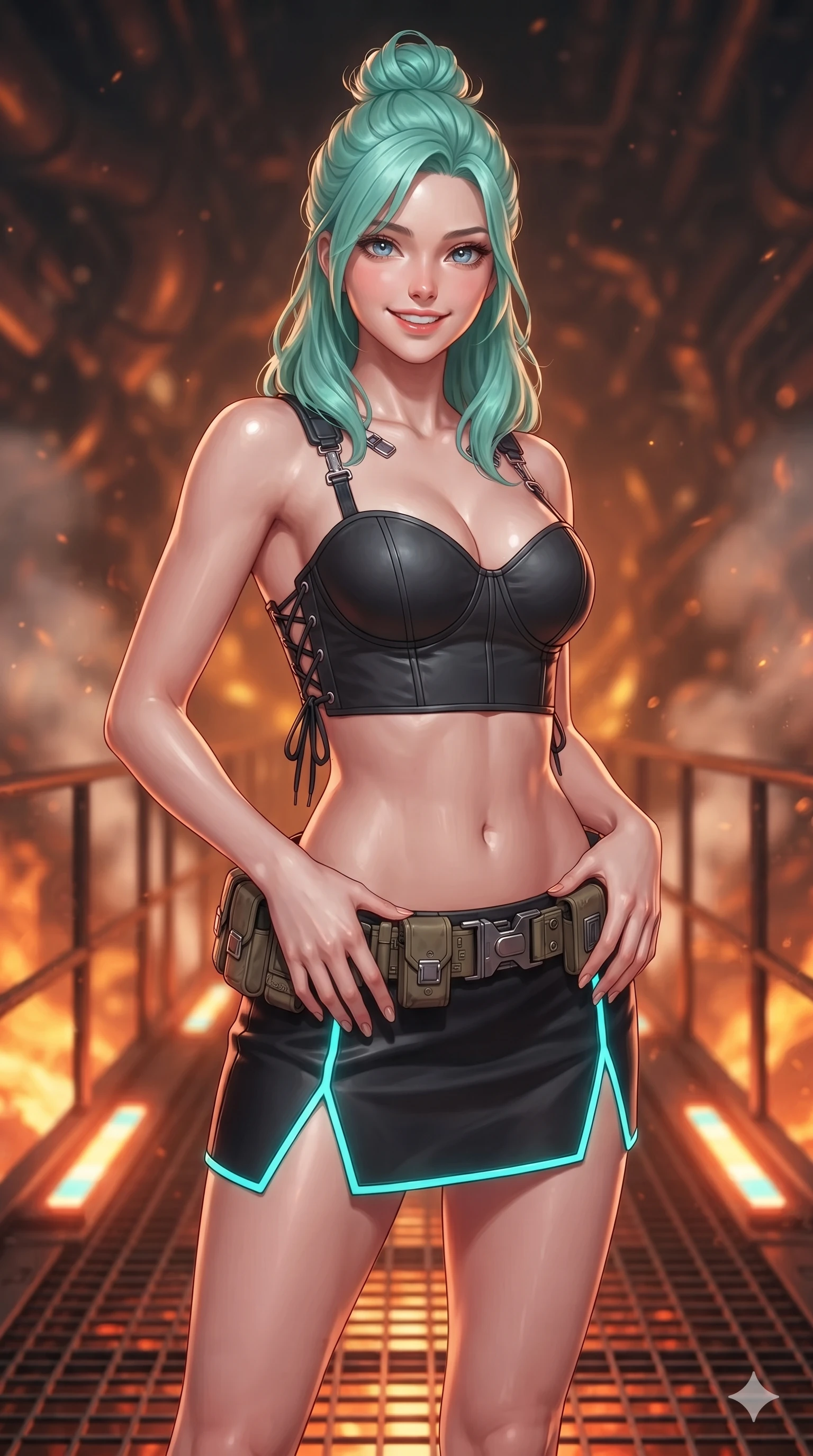 score_9, masterpiece, best quality, ultra-detailed, high-budget anime keyframe, editorial fashion photography, tasteful artistic composition, Japanese woman. close-up cowboy shot from the waist and thighs up, the character dominates the composition, filling the frame with her large presence. resting both hands lightly on her tactical utility belt, arching her spine to highlight her narrow waist, flat midriff, and breathtaking collarbones while standing poised on the reinforced titanium grating catwalk overlooking subterranean magma conduits, arching her lower back with sovereign supermodel grace while geothermal steam vents hiss in dynamic bursts. The background shows a soft-focus roaring geothermal plasma conduits and swirling subterranean steam blurred into fiery orange, amber, and deep copper bokeh. She has an exceptionally elegant, slender, and willowy female figure with an ultra-slim waist, flat toned midriff, narrow ribcage, and sculpted feminine hips creating an alluring, slim hourglass silhouette without bulk. sharp v-shaped jawline, high-bridge nose, intricate jewel-like sparkling eyes with depth, thick eyelashes, glossy parted lips with a natural sheen, bright confident smile with an enchanting and coquettish sensual glint, exuding both youthful magnetic charm and sovereign high-tech allure, flawlessly proportioned anatomical accuracy, strict slender model proportions, natural body alignment, perfectly sculpted long slender limbs, ultra-slim waistline, clean dynamic posture without body distortion. wearing a sculpted matte carbon underwire crop bustier with lace-up side ties paired with a low-rise micro skirt in matte obsidian black and glowing neon cyan trim, woven from buttery-soft stretch lambskin leather adhering to her body like a second skin, finished with high-tension magnetic quick-release clasps glinting along her collarbones, the impeccably tailored cut draping gracefully along her slender figure with aristocratic poise. illuminated by floor warning lights and sharp copper rim lighting sculpting her razor-sharp jawline, narrow waist, and curvy hips. ultra-reflective glossy finish, specular highlights, rich textural contrasts, high-contrast stereoscopic depth, volumetric dynamic lighting, 2k, ultra detail, master piece, 9:16 ratio