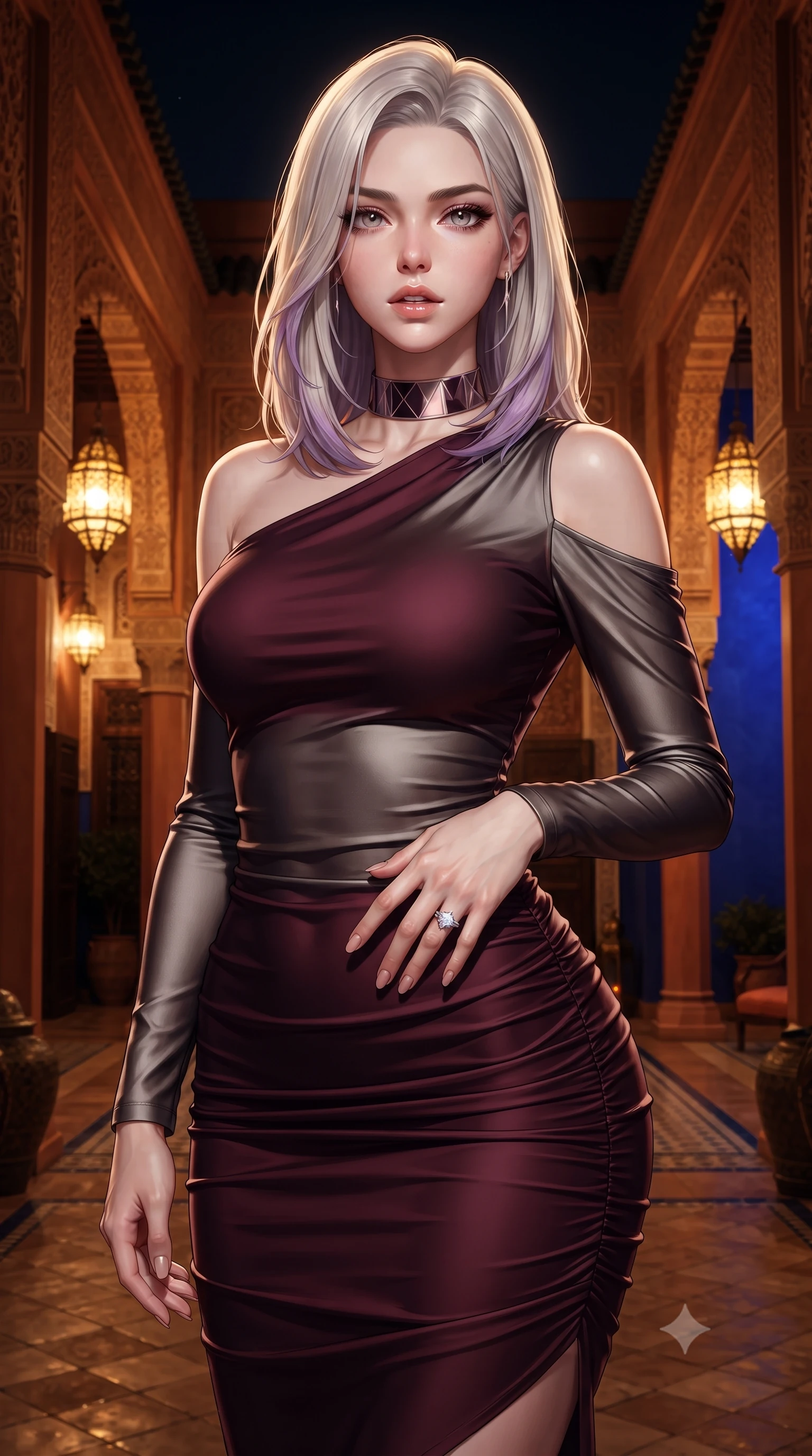 score_9, masterpiece, best quality, ultra-detailed, high-budget anime keyframe, editorial fashion photography, tasteful artistic composition, Caucasian woman. close-up cowboy shot from the waist and thighs up, the character dominates the composition, filling the frame with her large presence. resting one manicured hand delicately on her hip bone, her upper body turning in a fluid, seductive S-curve while parted lips glisten in the light while gliding down the terracotta courtyard colonnade, her lightweight silk robe billowing in the warm night air to reveal her slender model waist. The surrounding environment is rendered in vivid detail and crisp panoramic clarity. rich high-contrast Moroccan chiaroscuro and opulent private palace courtyard aesthetics in precision. She has an exceptionally elegant, slender, and willowy female figure with an ultra-slim waist, flat toned midriff, narrow ribcage, and sculpted feminine hips creating an alluring, slim hourglass silhouette without bulk. sharp v-shaped jawline, high-bridge nose, intricate jewel-like eyes with depth, thick eyelashes, glossy parted lips with a natural sheen, intensely captivating and seductive bedroom-eyes expression, flawlessly proportioned anatomical accuracy, strict slender model proportions, natural body alignment, perfectly sculpted long slender limbs, ultra-slim waistline, clean dynamic posture without body distortion. wearing a form-contouring cocktail dress with an asymmetrical open shoulder and hip-defining ruching in deep wine burgundy and brushed dark platinum, tailored from liquid silk jersey adhering flawlessly to her slender build, complemented by a bold geometric choker and sparkling cocktail ring, the liquid-tight tailored fabric clinging flawlessly to her narrow waist and rounded feminine hips, emphasizing every millimeter of her sculpted slim hourglass curves without any bulky heaviness. bathed in vibrant Majorelle blue wall ambient bounce and warm golden brass lantern downlights. ultra-reflective glossy finish, specular highlights, rich textural contrasts, high-contrast stereoscopic depth, volumetric dynamic lighting, 2k, ultra detail, master piece, 9:16 ratio