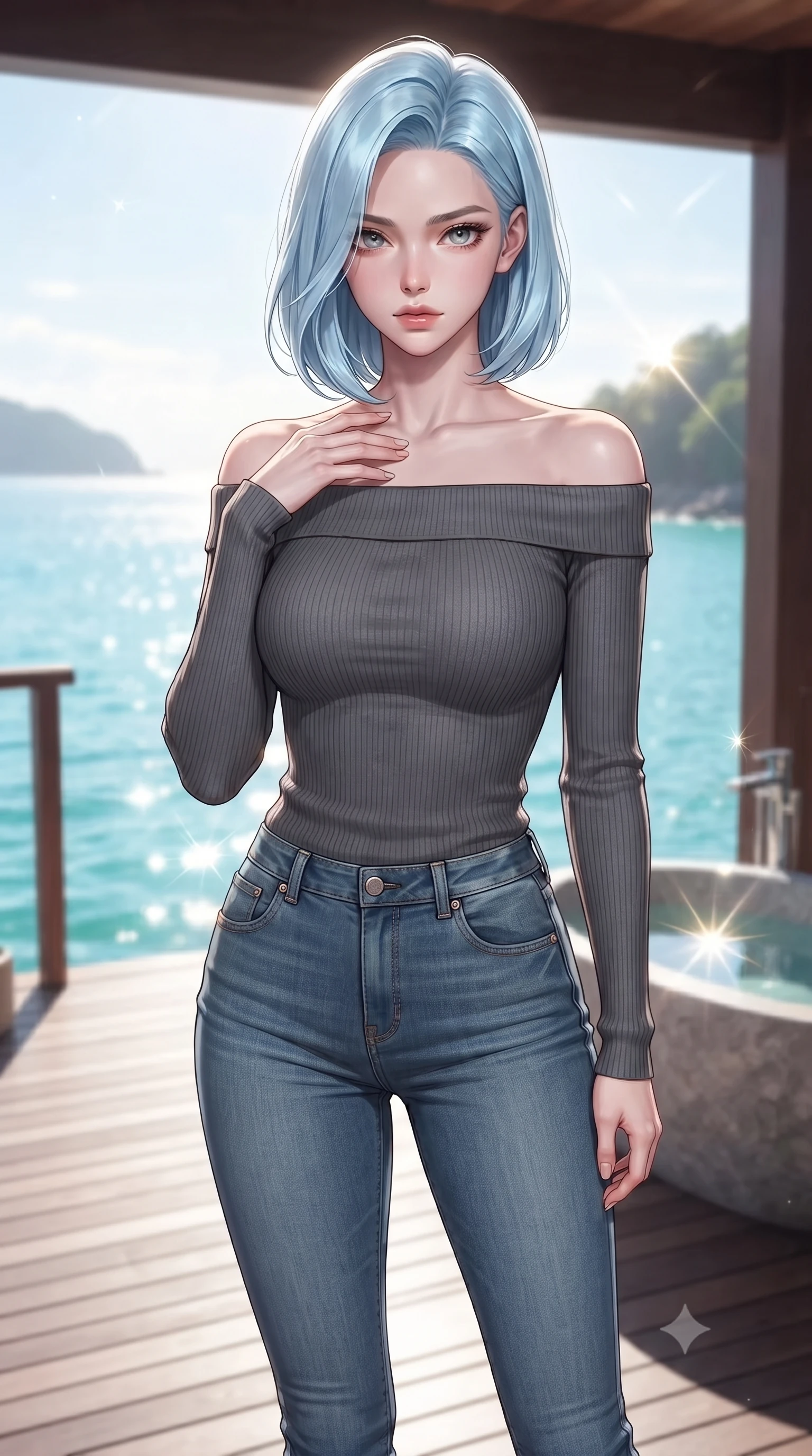 score_9, masterpiece, best quality, ultra-detailed, high-budget anime keyframe, editorial fashion photography, tasteful artistic composition, Korean woman woman. close-up cowboy shot from the waist and thighs up, the character dominates the composition, filling the frame with her large presence, background elements kept in soft focus. standing with one hand resting on her collarbone, looking at the viewer with bedroom-eyes the background shows a soft-focus a stone bath tub on a private deck overlooking a quiet bay with turquoise water. She has an exceptionally elegant, slender, and willowy female figure with an ultra-slim waist, a gracefully sculpted slender torso, and a refined silhouette. sharp v-shaped jawline, high-bridge nose, intricate jewel-like eyes with depth, thick eyelashes, glossy lips with a natural sheen. wearing a slim-fit tight-fitting long-sleeve off-shoulder knit top in charcoal grey, paired with skinny denim jeans. bright morning sun rays creating sparkling glints on the sea and water tub. ultra-reflective glossy finish, specular highlights, metallic sheen, high-contrast stereoscopic depth, volumetric dynamic lighting, 2k, ultra detail, master piece, 9:16 ratio