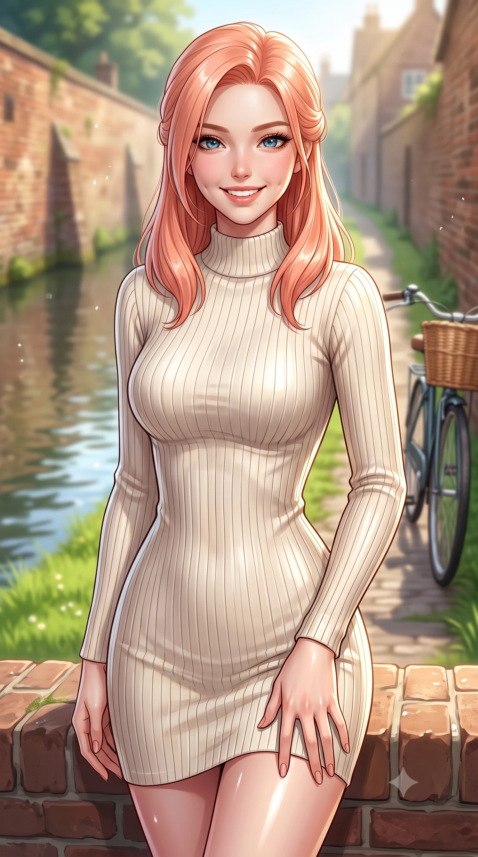 score_9, masterpiece, best quality, ultra-detailed, high-budget anime keyframe, editorial fashion photography, tasteful artistic composition, Japanese woman. close-up cowboy shot from the waist and thighs up, the character dominates the composition, filling the frame with her large presence, background elements kept in soft focus. smiling with soft, captivating dimples, casting a warm yet magnetic gaze directly into the lens set against a soft-focus background of next to a calm river canal with historic brick walls and green lawns with a bicycle and a wicker basket parked on the path behind her. She has an exceptionally elegant, slender, and willowy female figure with an ultra-slim waist, a gracefully sculpted slender torso, and a refined silhouette. sharp v-shaped jawline, high-bridge nose, intricate jewel-like eyes with depth, thick eyelashes, glossy lips with a natural sheen. wearing tailored form-fitting ribbed knit dress in cream, contouring her slender silhouette. bright morning sun rays creating fresh dewdrop reflections on the grass. ultra-reflective glossy finish, specular highlights, metallic sheen, high-contrast stereoscopic depth, volumetric dynamic lighting, 2k, ultra detail, master piece, 9:16 ratio