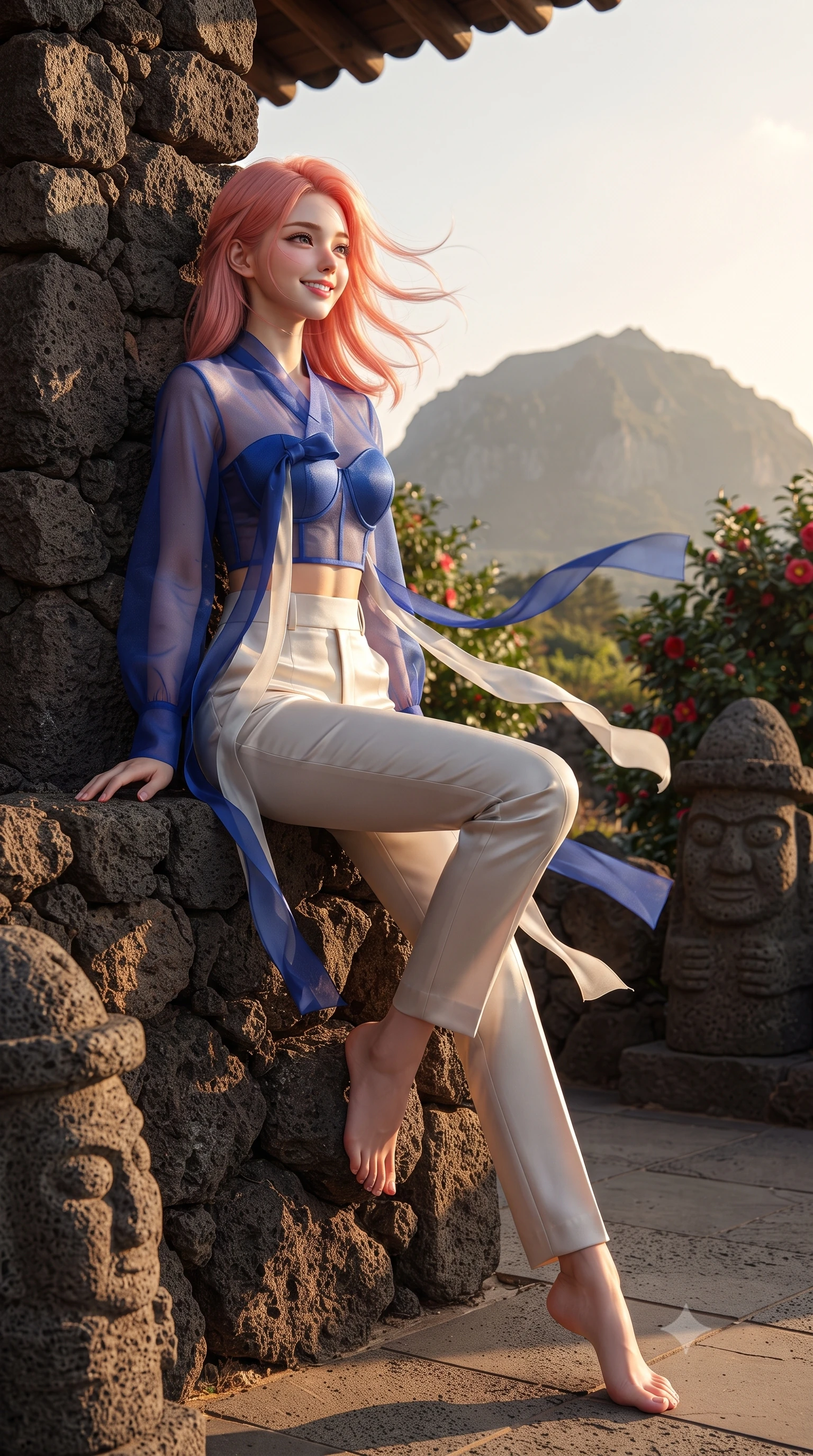 score_9, masterpiece, best quality, ultra-detailed, high-budget anime keyframe, editorial fashion photography, tasteful artistic composition, Japanese woman. low angle full-body shot from head to toe showing her feet, filling the entire 9:16 vertical frame with her statuesque presence, stretching her vertical silhouette. sitting perched on the elevated pavilion terrace edge with legs crossed and hips angled toward the camera, displaying her toned midriff and long slender limbs with joyful, coquettish charm while leaning against a rustic basalt rock wall with hips cocked back, casting an alluring bedroom-gaze toward the distant Hallasan mountain peak. The surrounding environment is rendered in vivid detail and crisp panoramic clarity: detailed linen-silk fabric weave, ocean breeze in hair, and traditional Jeju stonecraft in high resolution. She has an absolutely perfect, statuesque 8.5-heads proportion, an exceptionally tall and slender model-like female figure with impossibly long slender legs, an ultra-slim waist, a flat toned midriff, narrow delicate ribcage, and beautifully sculpted feminine hips creating a graceful, slim hourglass silhouette without any bulky heaviness. sharp v-shaped jawline, high-bridge nose, intricate jewel-like dark sparkling almond eyes with depth, thick lashes, glossy parted lips with a natural rose-plum sheen, bright alluring and coquettish smile with bedroom-eyes, exuding both timeless oriental elegance and sovereign high-fashion allure, flawlessly proportioned anatomical accuracy, strict slender model proportions, natural body alignment, perfectly sculpted long slender limbs, ultra-slim waistline, clean dynamic posture without body distortion. wearing a sheer technical mesh and silk hanbok blouse worn over a sculpted sweetheart bustier with high-waisted tailored silk trousers in royal cobalt blue and starlight platinum, made of supple second-skin stretch silk jersey clinging flawlessly to her form, accented with flowing gossamer silk ribbons that flutter dynamically in the evening breeze, the high-waisted wrap tailoring accentuating her ultra-slim waistline and the enchanting curve of her feminine hips with alluring oriental charm. bathed in warm sunny island coastal light filtering through camellia trees. ultra-reflective glossy finish, specular highlights, rich textural contrasts, high-contrast stereoscopic depth, volumetric dynamic lighting, 2k, ultra detail, master piece, 9:16 ratio