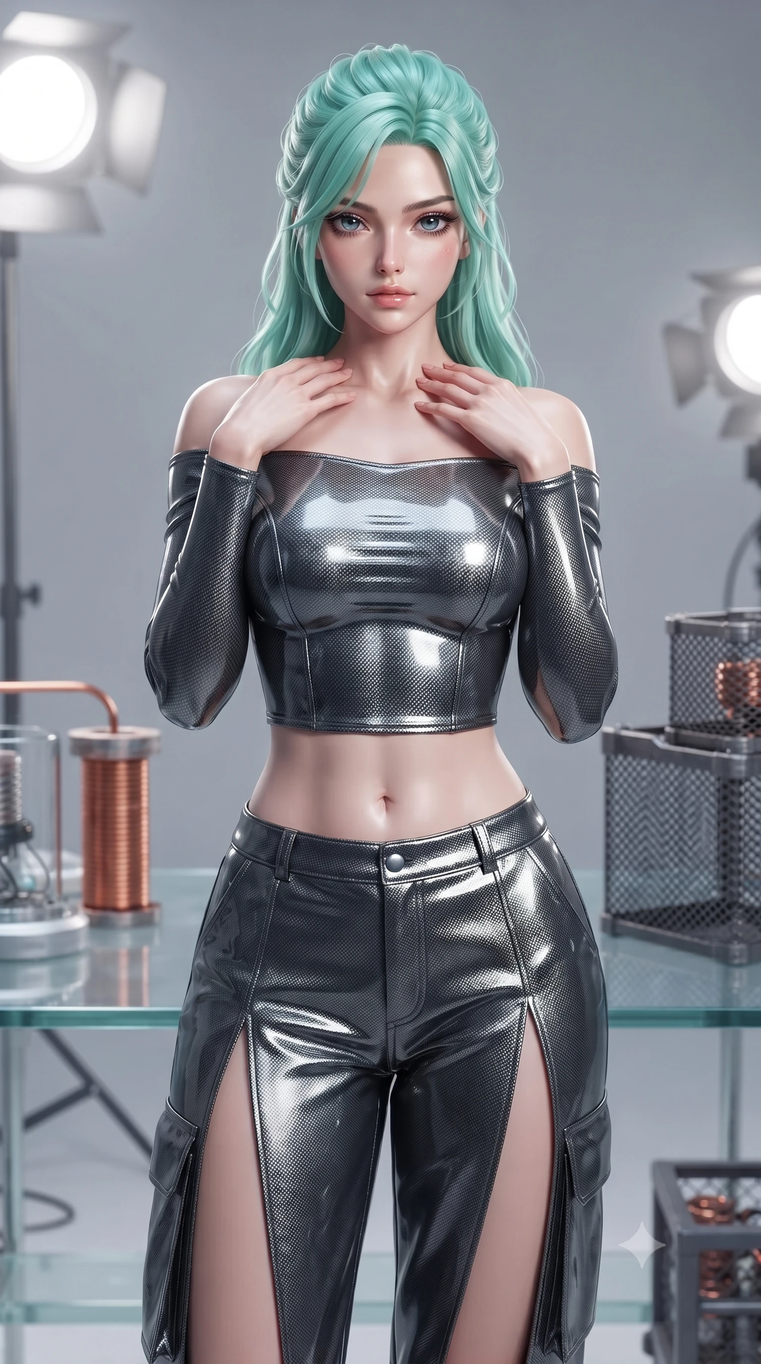 score_9, masterpiece, best quality, ultra-detailed, high-budget anime keyframe, editorial fashion photography, tasteful artistic composition, Japanese woman. close-up cowboy shot from the waist and thighs up, the character dominates the composition, filling the frame with her large presence, background elements kept in soft focus. standing in a relaxed, elegant posture with both hands resting lightly on her collarbone, looking at the viewer with bedroom-eyes, the background shows a soft-focus a test laboratory with glass tables, copper coils, and carbon-mesh containers. She has an exceptionally elegant, slender, and willowy female figure with an ultra-slim waist, a gracefully sculpted slender torso, and a refined silhouette. sharp v-shaped jawline, high-bridge nose, intricate jewel-like eyes with depth, thick eyelashes, glossy lips with a natural sheen. wearing a body-hugging off-shoulder carbon-fiber armor top paired with high-slit tactical cargo pants, showing her delicately sculpted midriff. bright halogen work lights casting clear, detailed front lighting and soft shadows. ultra-reflective glossy finish, specular highlights, metallic sheen, high-contrast stereoscopic depth, volumetric dynamic lighting, 2k, ultra detail, master piece, 9:16 ratio