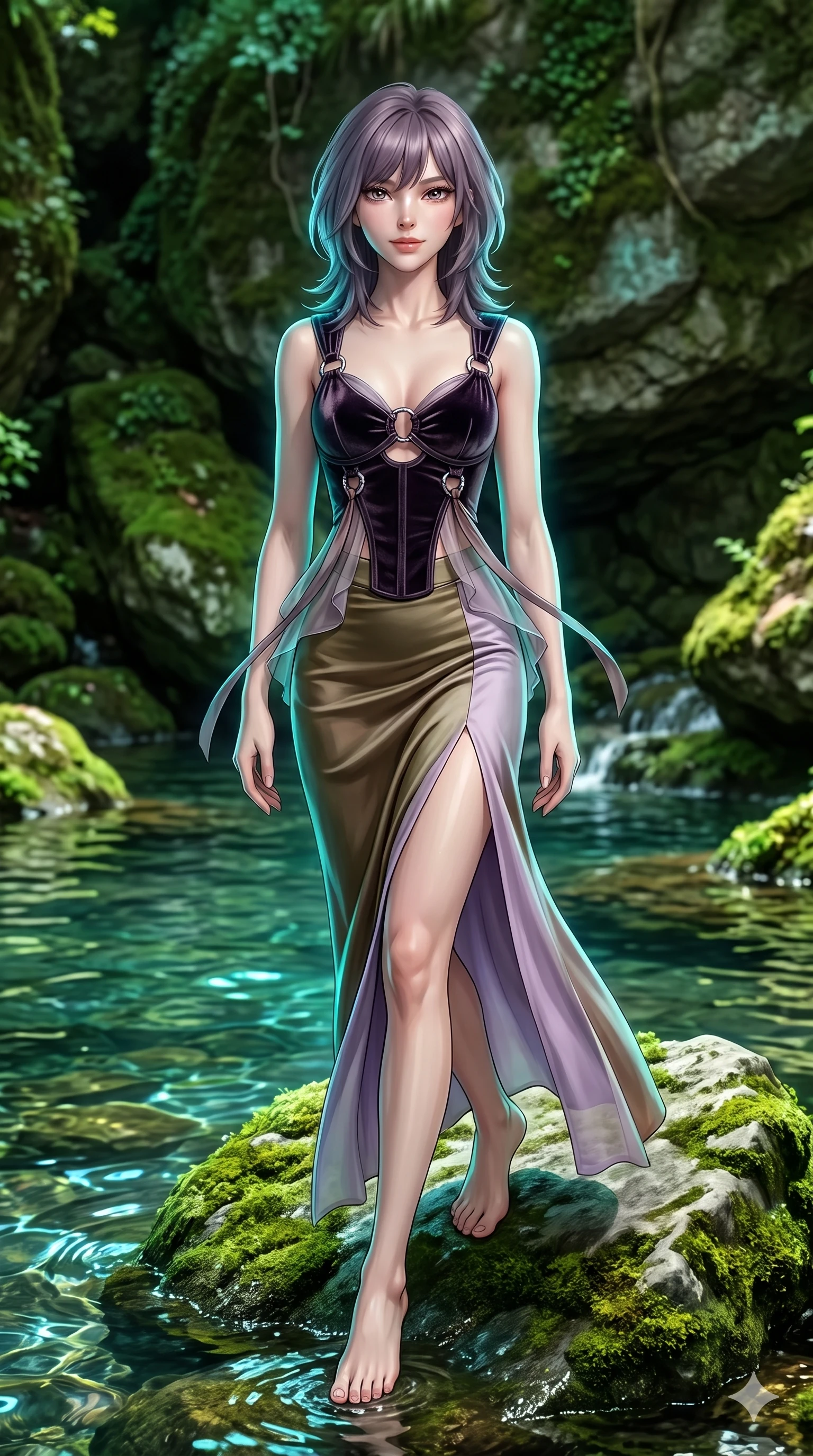 score_9, masterpiece, best quality, ultra-detailed, high-budget anime keyframe, semi-realistic 3D game render, editorial fashion photography, tasteful artistic composition, Japanese woman. low angle full-body shot from head to toe showing her feet, filling the entire 9:16 vertical frame with her statuesque presence, stretching her vertical silhouette. stepping slowly toward the camera with hypnotic grace, hips swaying in an alluring sensual rhythm that accentuates her curvy hourglass silhouette and long slender legs while perched sideways on the mossy boulder at the water's edge, one knee drawn up to showcase her slender leg line while her arched back accentuates her curves. The surrounding environment is rendered in vivid detail and crisp panoramic clarity: detailed semi-sheer gossamer hanbok slip dress cling, silk ribbon ties, and natural spring topography in razor-sharp clarity. She has an absolutely perfect, statuesque 8.5-heads proportion, an exceptionally tall and slender model-like female figure with impossibly long slender legs, an ultra-slim waist, a flat toned midriff, narrow delicate ribcage, and beautifully sculpted feminine hips creating a graceful, slim hourglass silhouette without any bulky heaviness. sharp v-shaped jawline, high-bridge nose, sparkling eyes with hypnotic seductive depth, thick curled eyelashes, glossy parted lips with a natural dewy peach sheen, alluring bedroom-eyes with an enchanting coquettish smile, exuding magnetic siren charisma and sophisticated glamour, flawlessly proportioned anatomical accuracy, strict slender model proportions, natural body alignment, perfectly sculpted long slender limbs, ultra-slim waistline, clean dynamic posture without body distortion. wearing a tailored silk velvet hanbok corset top paired with an ankle-length fluid chima skirt with a thigh-high slit in vintage bronze patina and pale wisteria lilac, tailored from crushed dark velvet with deep light-absorbing plush texture, accented with sculptural chrome hardware rings framing the subtle cutouts, the liquid-tight tailored fabric clinging flawlessly to her narrow waist and rounded feminine hips, emphasizing every millimeter of her sculpted slim hourglass curves without any bulky heaviness. illuminated by spring water surface bounce and sharp cyan-aquamarine rim lights defining her razor-sharp jawline, narrow waist, and curvy hips. highly saturated vibrant anime colors, detailed shading with soft gradients, rich glossy textures, high-contrast stereoscopic depth, volumetric dynamic lighting, master piece, 9:16 ratio