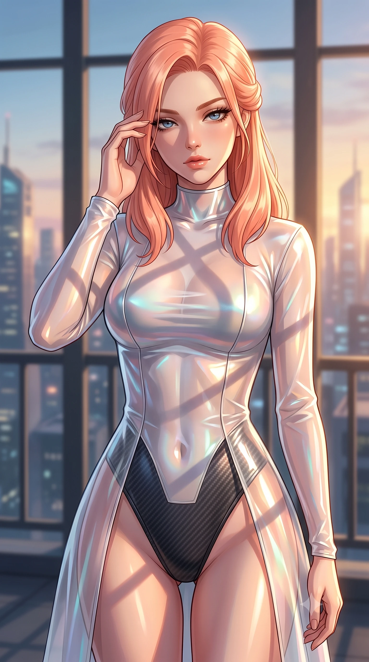 score_9, masterpiece, best quality, ultra-detailed, high-budget anime keyframe, editorial fashion photography, tasteful artistic composition, Japanese woman. close-up cowboy shot from the waist and thighs up, the character dominates the composition, filling the frame with her large presence, background elements kept in soft focus. gently touching the side of her temple, casting a heavy-lidded, sultry look past the camera, the background shows a soft-focus a solarium balcony window overlooking a futuristic skyline at golden hour. She has an exceptionally elegant, slender, and willowy female figure with an ultra-slim waist, a gracefully sculpted slender torso, and a refined silhouette. sharp v-shaped jawline, high-bridge nose, intricate jewel-like eyes with depth, thick eyelashes, glossy lips with a natural sheen. wearing a form-contouring sheer white holographic organza combat gown worn over a high-cut carbon-fiber leotard. golden hour sunset light casting long geometric frame shadow lines. ultra-reflective glossy finish, specular highlights, metallic sheen, high-contrast stereoscopic depth, volumetric dynamic lighting, 2k, ultra detail, master piece, 9:16 ratio