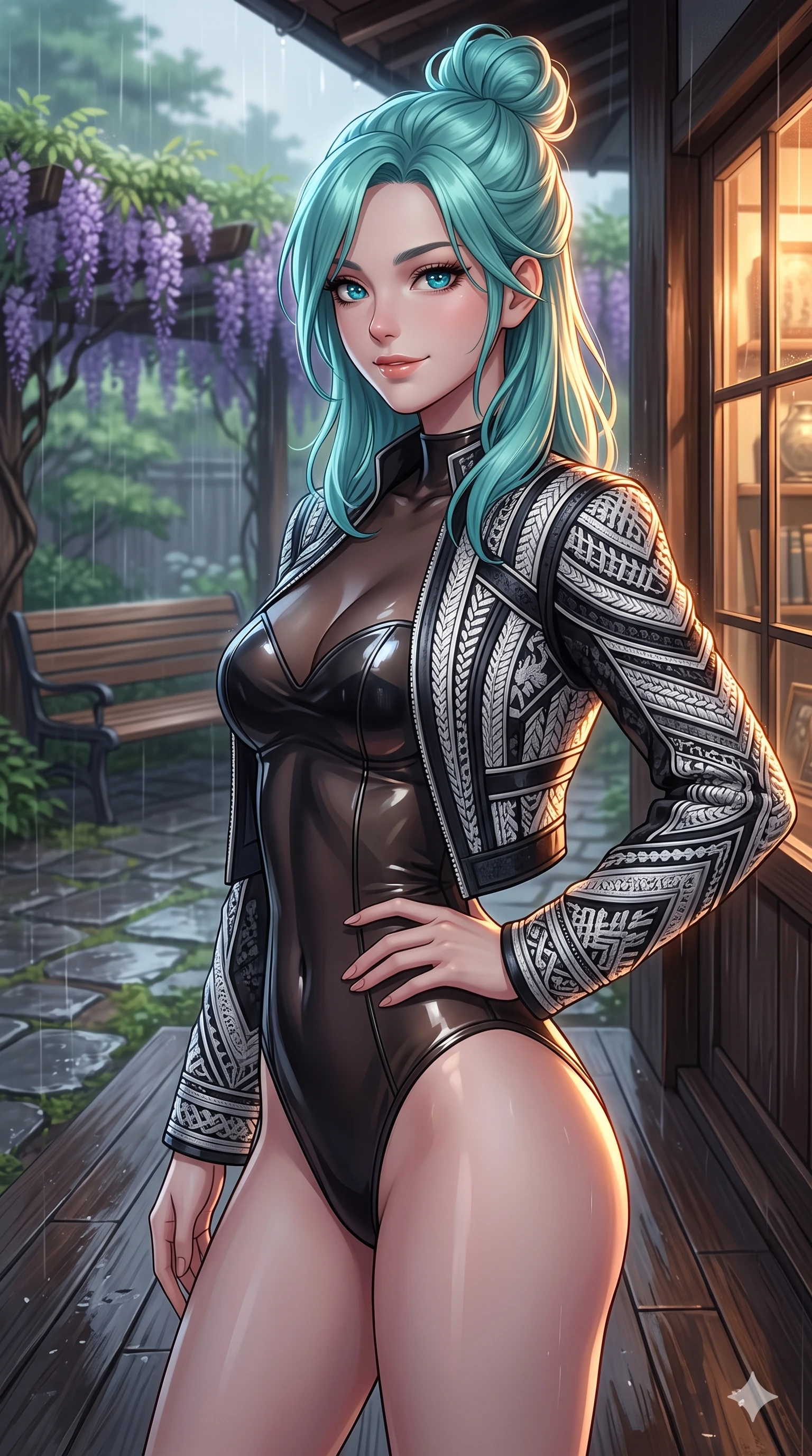 score_9, masterpiece, best quality, ultra-detailed, high-budget anime keyframe, vibrant anime aesthetic, Japanese woman. close-up cowboy shot from the waist and thighs up, the character dominates the composition, filling the frame with her large presence, background elements kept in soft focus. She is posing with a confident, magnetic smile, one hand on her waist, looking over her shoulder at the camera with a relaxed and elegant posture. the background shows a soft-focus wooden bench under a wisteria trellis in a quiet courtyard garden during a gentle afternoon rain (Code-P22-125). She has an absolutely perfect proportion, an exceptionally elegant and slender female figure with an ultra-slim waist. V-shaped jawline, high-bridge nose, intricate jewel-like eyes with depth, thick eyelashes, glossy lips with a natural sheen. wearing a translucent high-shine bodysuit with a sweetheart neckline under a lightweight jacket in black and white couture. She is illuminated by dramatic rim lights from a vintage shop window, adding depth to her jewel-like eyes on the outdoor wooden terrace. 2k, ultra detail, master piece, 9:16 ratio