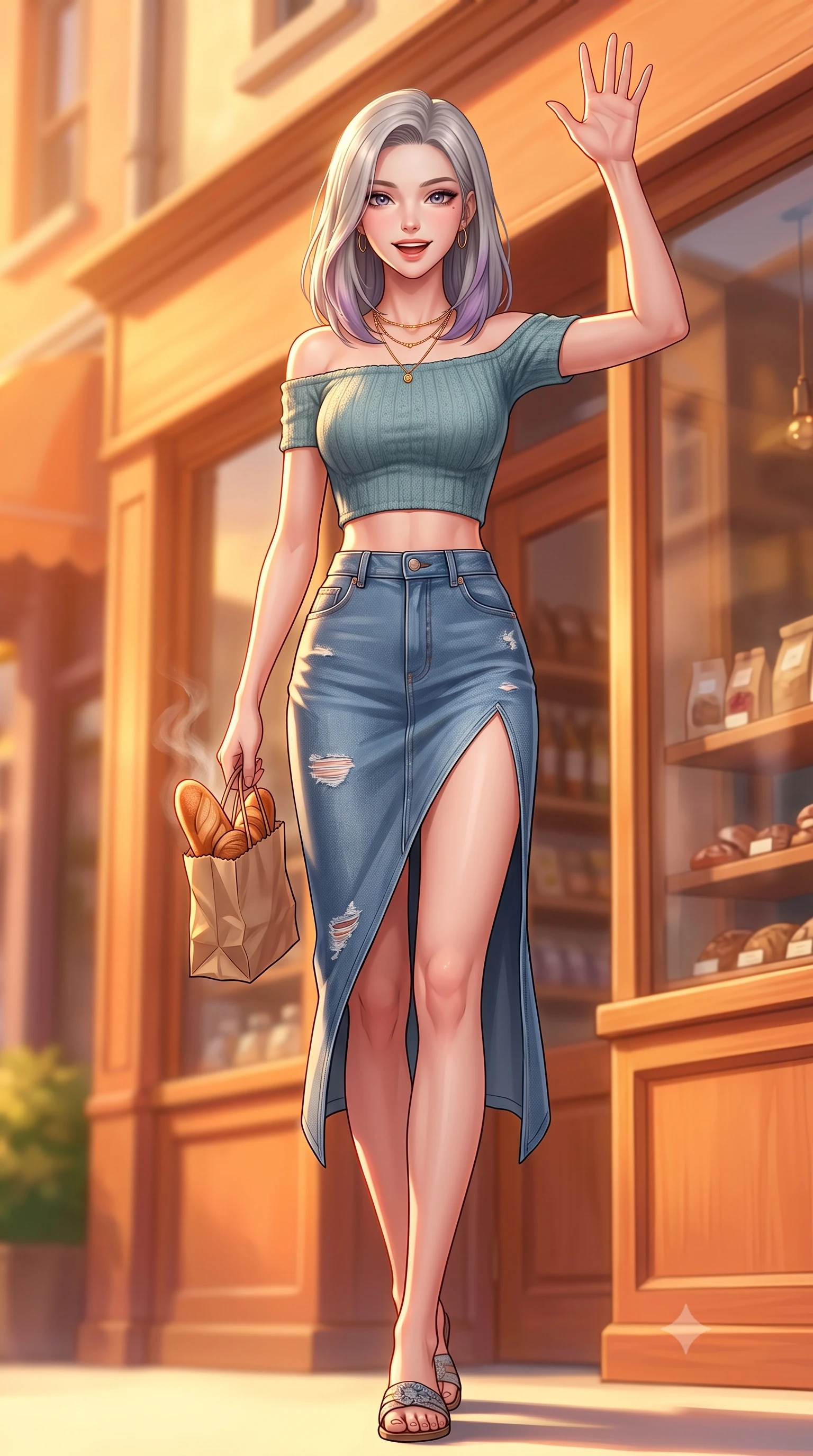 score_9, masterpiece, best quality, ultra-detailed, high-budget anime keyframe, editorial fashion photography, tasteful artistic composition, Caucasian woman. low angle full-body shot from head to toe showing her feet, filling the entire 9:16 vertical frame with her statuesque presence, stretching her vertical silhouette. stepping forward with a bright, cheerful smile, waving happily at the viewer set against a soft-focus background of in front of a small handmade accessory boutique with glass showcases holding a small paper bag of fresh warm bread, smiling cutely. She has an absolutely perfect, statuesque 8.5-heads proportion, an exceptionally tall and slender model-like female figure with impossibly long slender legs and an ultra-slim waist. sharp v-shaped jawline, high-bridge nose, intricate jewel-like eyes with depth, thick eyelashes, glossy lips with a natural sheen. wearing body-hugging stylish off-shoulder crop top paired with a high-slit denim midi skirt. cozy golden hour sunset light painting the wooden shopfronts in orange. highly saturated vibrant anime colors, detailed shading with soft gradients, rich glossy textures, high-contrast stereoscopic depth, volumetric dynamic lighting, master piece, 9:16 ratio