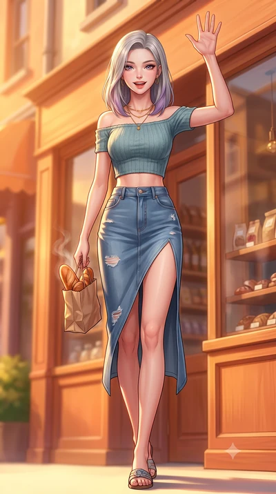 score_9, masterpiece, best quality, ultra-detailed, high-budget anime keyframe, editorial fashion photography, tasteful artistic composition, Caucasian woman. low angle full-body shot from head to toe showing her feet, filling the entire 9:16 vertica