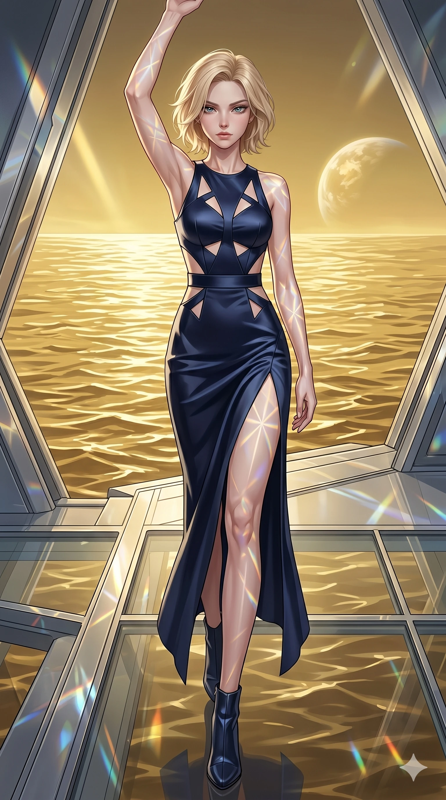 score_9, masterpiece, best quality, ultra-detailed, high-budget anime keyframe, editorial fashion photography, tasteful artistic composition, Caucasian woman, strictly human ears. low angle full-body shot from head to toe showing her feet, filling the entire 9:16 vertical frame with her statuesque presence, stretching her vertical silhouette. Lunging powerfully forward with one arm raised to command the elements around her on a solar dock overlooking an ocean of liquid gold on a nearby moon, as delicate light reflections play along the metallic surfaces. She has an absolutely perfect 8-heads proportion, an exceptionally tall and slender female figure with impossibly long slender legs and an ultra-slim waist. V-shaped jawline, high-bridge nose, intricate jewel-like eyes with depth, thick eyelashes, glossy lips with a natural sheen. wearing a structured column dress in dark navy satin with geometric cutouts and a side slit to mid-thigh. lit by mirror-reflected prismatic spotlights, creating geometric light patterns across her body. 2k, ultra detail, master piece, 9:16 ratio