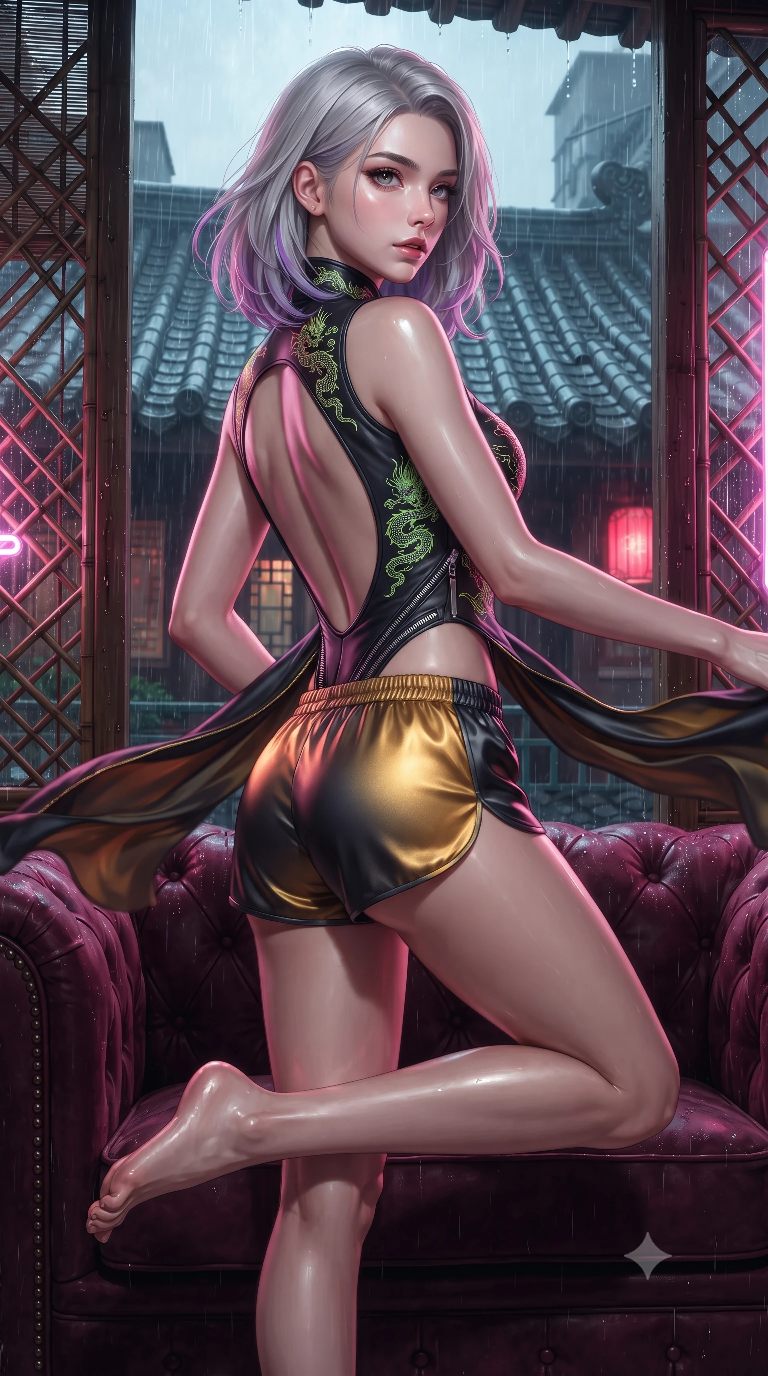 score_9, masterpiece, best quality, ultra-detailed, high-budget anime keyframe, editorial fashion photography, tasteful artistic composition, Caucasian woman. low angle full-body shot from head to toe showing her feet, filling the entire 9:16 vertical frame with her statuesque presence, stretching her vertical silhouette. executing an elegant mid-motion pivot turn as garments swirl around her slender limbs, glancing over her shoulder with an intoxicating bedroom-gaze while reclining on a vintage velvet Chesterfield sofa inside a rain-streaked rooftop teahouse, one knee drawn up in a seductive Cleopatra pose. The surrounding environment is rendered in vivid detail and crisp panoramic clarity. sharp bamboo lattice textures, wet ceramic roof tiles, and glowing neon tube reflections in deep focus. She has an absolutely perfect, statuesque 8.5-heads proportion, an exceptionally tall and slender model-like female figure with impossibly long slender legs, a toned flat midriff, an ultra-slim waist, and beautifully sculpted feminine hips. sharp v-shaped jawline, high-bridge nose, intricate jewel-like eyes with depth, thick eyelashes, glossy parted lips with a natural sheen, intensely captivating and seductive bedroom-eyes expression, flawlessly proportioned anatomical accuracy, strict slender model proportions, natural body alignment, perfectly sculpted long slender limbs, ultra-slim waistline, clean dynamic posture without body distortion. wearing a high-collar cybernetic bodysuit with neon dragon embroidery and low-slung silk swim shorts in glowing amber-gold and dark graphite, crafted from supple second-skin lambskin leather with liquid drape, accented with diagonal metal zippers running across the side-waist cutouts, the dramatically scooped open back descending to the base of her spine, accentuating her razor-sharp statuesque lines and curvy hourglass silhouette. surrounded by an enigmatic, sultry, and breathtakingly hypnotic cyber-femme fatale aura. ultra-reflective glossy finish, specular highlights, rich textural contrasts, high-contrast stereoscopic depth, volumetric dynamic lighting, 2k, ultra detail, master piece, 9:16 ratio