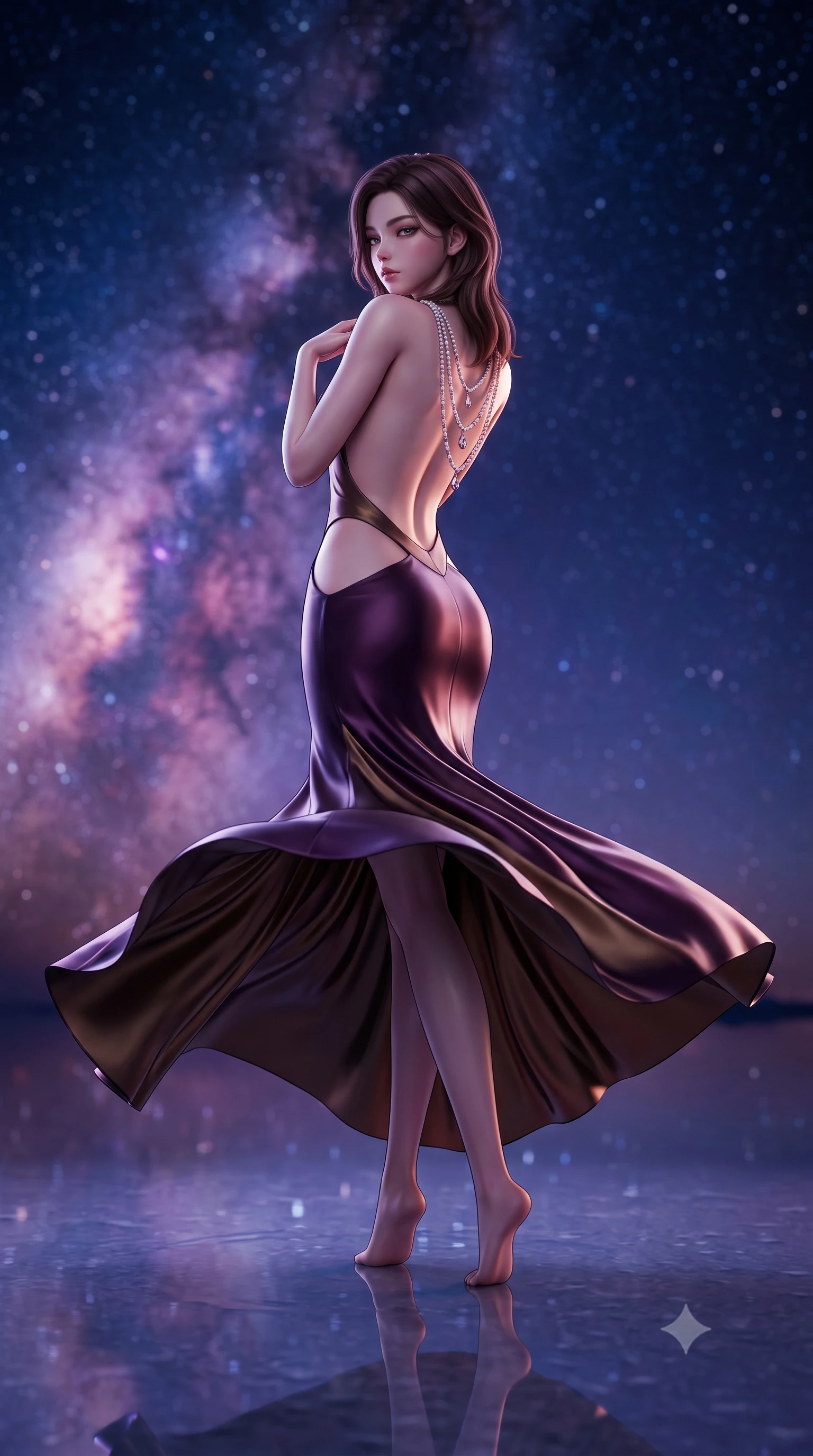 score_9, masterpiece, best quality, ultra-detailed, high-budget anime keyframe, semi-realistic 3D game render, editorial fashion photography, tasteful artistic composition, Korean woman. low angle full-body shot from head to toe showing her feet, filling the entire 9:16 vertical frame with her statuesque presence, stretching her vertical silhouette. posing with back turned slightly to the lens, glancing back with smoldering allure as she arches her lower back to emphasize her sculpted feminine hips and slender waist while turning in an alluring dancer S-curve as her gossamer dress catches the high-altitude Andean wind, creating an intoxicating silhouette between two skies. The composition keeps background elements in soft focus with creamy bokeh. countless glittering stars and purple galactic dust lanes of the Milky Way blurred into deep indigo, magenta, and starlight bokeh in both sky and water. She has an exceptionally tall and slender model-like 8.5-heads proportion, an ultra-slim waist, a flat toned midriff, narrow delicate ribcage, and beautifully sculpted feminine hips creating a graceful, slim hourglass silhouette without any bulky heaviness, with impossibly long slender legs. sharp v-shaped jawline, high-bridge nose, intricate jewel-like eyes with depth, thick eyelashes, glossy parted lips with a natural sheen, intensely captivating and seductive bedroom-eyes expression, flawlessly proportioned anatomical accuracy, strict slender model proportions, natural body alignment, perfectly sculpted long slender limbs, ultra-slim waistline, clean dynamic posture without body distortion. wearing a sculptured liquid-satin mermaid gown with an architectural open-waist cutout and bare spine in deep plum violet and antique bronze, made of fluid silk crepe with delicate inner corsetry boning, accented with a multi-strand pearl back necklace cascading down her bare spine to her hips, the form-contouring material adhering flawlessly to her sculpted flat midriff and slender torso, emphasizing her long leg lines and perfectly proportioned willowy build. bathed in ethereal 360-degree cosmic starlight and glowing Milky Way galactic glow reflecting from below and above. highly saturated vibrant anime colors, detailed shading with soft gradients, rich glossy textures, high-contrast stereoscopic depth, volumetric dynamic lighting, master piece, 9:16 ratio