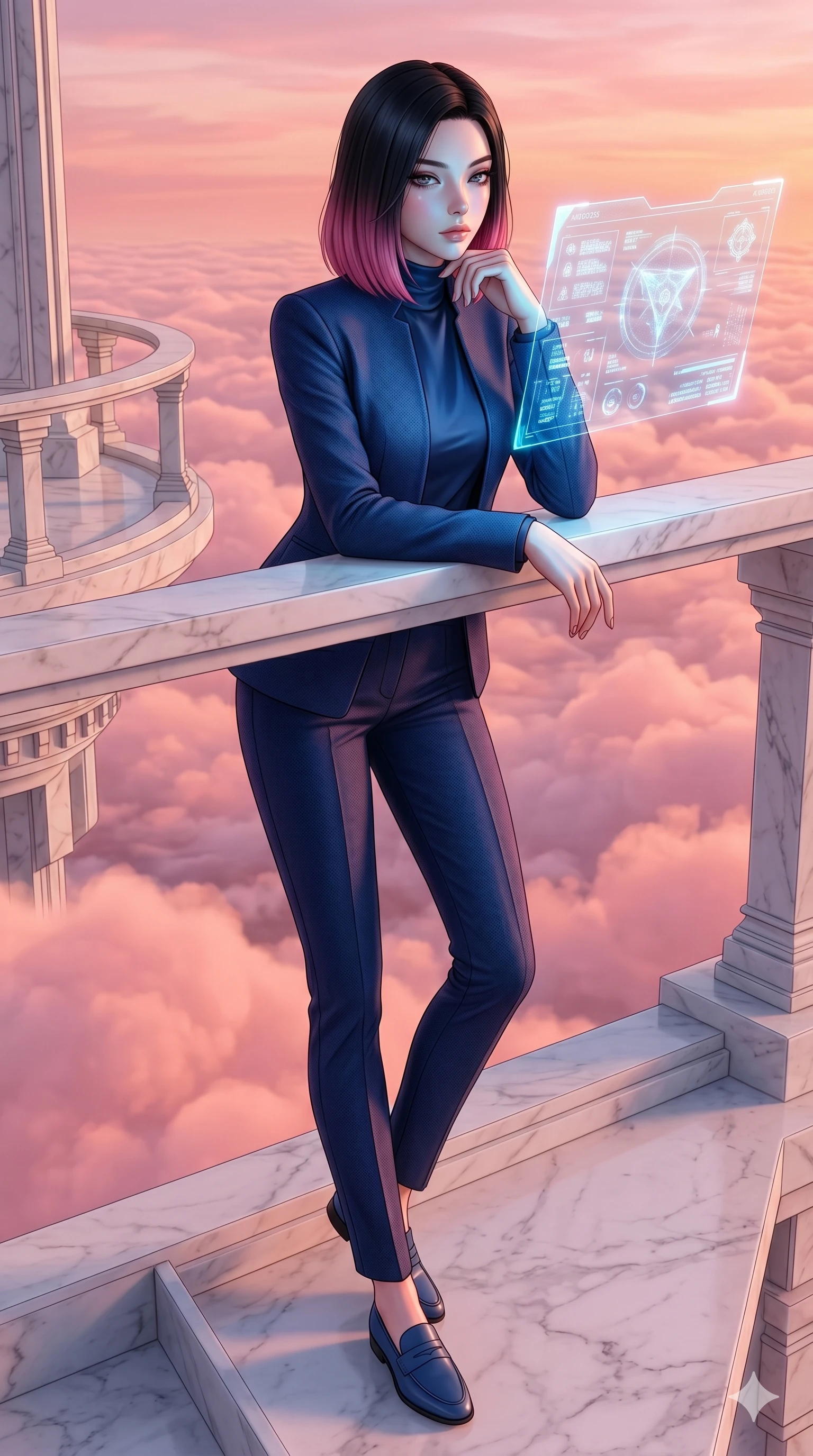 score_9, masterpiece, best quality, ultra-detailed, high-budget anime keyframe, editorial fashion photography, tasteful artistic composition, Korean woman. low angle full-body shot from head to toe showing her feet, filling the entire 9:16 vertical frame with her statuesque presence, stretching her vertical silhouette. resting her chin on the backs of her fingers, casting a heavy-lidded sultry gaze on a floating marble balcony above a sea of pink sunset clouds (Code-P18-050). She has an absolutely perfect 8-heads proportion, an exceptionally tall and slender female figure with impossibly long slender legs and an ultra-slim waist. V-shaped jawline, high-bridge nose, intricate jewel-like eyes with depth, thick eyelashes, glossy lips with a natural sheen. wearing a tailored high-neck blazer over a high-neck silk top and pants. cool blue light from the hologram reflecting off her skin and matte suit textures. 2k, ultra detail, master piece, 9:16 ratio