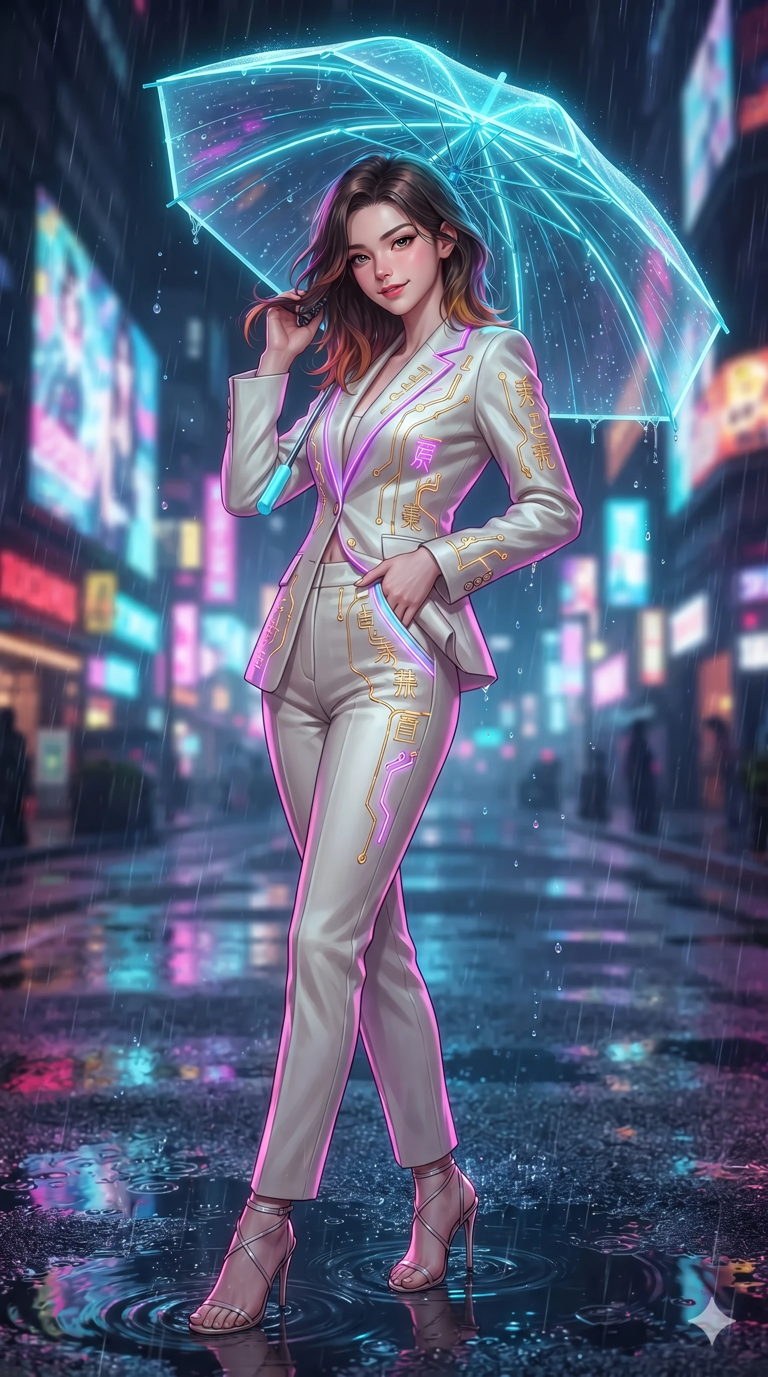 score_9, masterpiece, best quality, ultra-detailed, high-budget anime keyframe, editorial fashion photography, tasteful artistic composition, Korean woman. close-up cowboy shot from the waist and thighs up, the character dominates the composition, filling the frame with her large presence. gently brushing a lock of hair behind her ear while casting a playful, flirtatious side-gaze with long eyelashes while standing poised on the wet asphalt boulevard beneath a glowing translucent umbrella with laser ribs, arching her lower back with sovereign supermodel allure as rain droplets scatter neon light. The background shows a soft-focus fine urban rain mist softened in cyberpunk neon boulevard shallow focus. She has an exceptionally elegant, slender, and willowy female figure with an ultra-slim waist, flat toned midriff, narrow ribcage, and sculpted feminine hips creating an alluring, slim hourglass silhouette without bulk. sharp v-shaped jawline, high-bridge nose, intricate jewel-like sparkling eyes with depth, thick eyelashes, glossy parted lips with a natural peach sheen, bright cheerful beaming smile with an enchanting and coquettish sensual glint, exuding both youthful cute charm and seductive allure, flawlessly proportioned anatomical accuracy, strict slender model proportions, natural body alignment, perfectly sculpted long slender limbs, ultra-slim waistline, clean dynamic posture without body distortion. wearing a bespoke celestial tailored pantsuit in liquid ivory silk with golden kintsugi embroidery tracing the lapels in Neo-Shinjuku neon magenta and electric cyan, woven from structured carbon-fiber jacquard with rich textural depth, complemented by strappy stiletto sandals with metallic ankle wraps accentuating her slender calves, the bespoke structured tailoring following the natural line of her 8.5-heads silhouette with refined elegance. illuminated by wet asphalt reflection bounce and sharp laser-cyan rim lights sculpting her razor-sharp jawline, narrow waist, and curvy hips. ultra-reflective glossy finish, specular highlights, rich textural contrasts, high-contrast stereoscopic depth, volumetric dynamic lighting, 2k, ultra detail, master piece, 9:16 ratio
