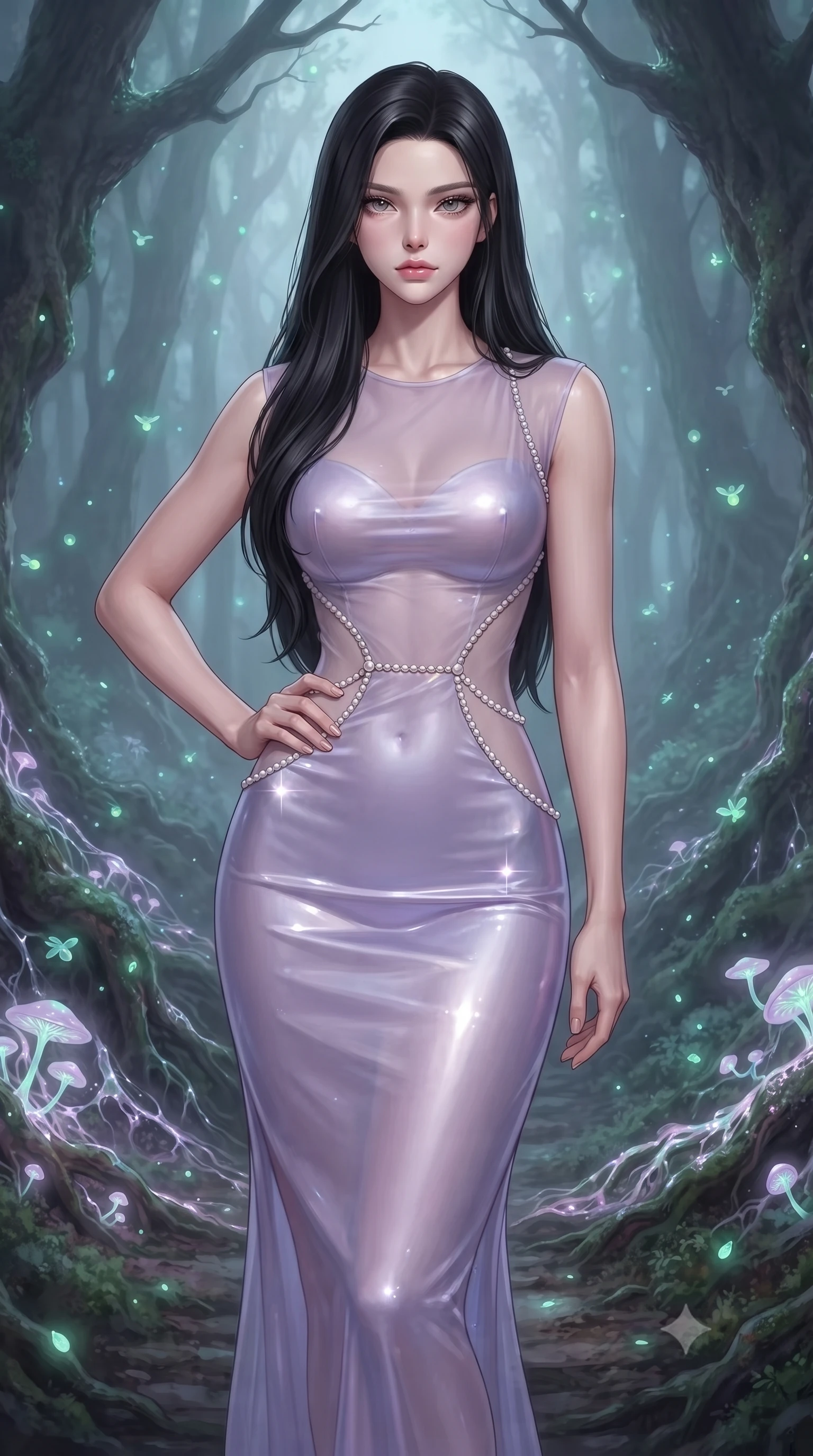 score_9, masterpiece, best quality, ultra-detailed, high-budget anime keyframe, editorial fashion photography, tasteful artistic composition, Korean woman. close-up cowboy shot from the waist and thighs up, the character dominates the composition, filling the frame with her large presence, background elements kept in soft focus. Holding a confident power pose with one hand on her hip, navigating a misty dark forest path illuminated by bioluminescent spores, glowing fungal spores floating gracefully like soft greenish-blue fireflies. She has an exceptionally elegant, slender, and willowy female figure with an ultra-slim waist, a gracefully sculpted slender torso, and a refined silhouette. sharp v-shaped jawline, high-bridge nose, intricate jewel-like eyes with depth, thick eyelashes, glossy lips with a natural sheen. wearing fitted opal-glazed silk maxi dress hugging every curve in pastel lavender violet, made of sheer opal chiffon overlay, adorned with minimalist pearl hardware framing the waistline, accentuating her gracefully sculpted slender torso. illuminated by bioluminescent opal mycelium glow radiating from tree roots. ultra-reflective glossy finish, specular highlights, metallic sheen, high-contrast stereoscopic depth, volumetric dynamic lighting, 2k, ultra detail, master piece, 9:16 ratio
