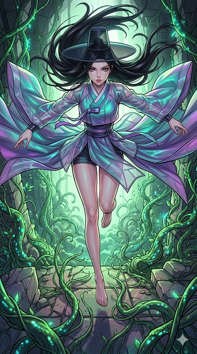 score_9, masterpiece, best quality, ultra-detailed, high-budget anime movie keyframe, cinematic anime lighting, intricate line art, Japanese woman. Extreme high angle shot as she leaps towards the camera, filling the frame. dancing in a ruin where th
