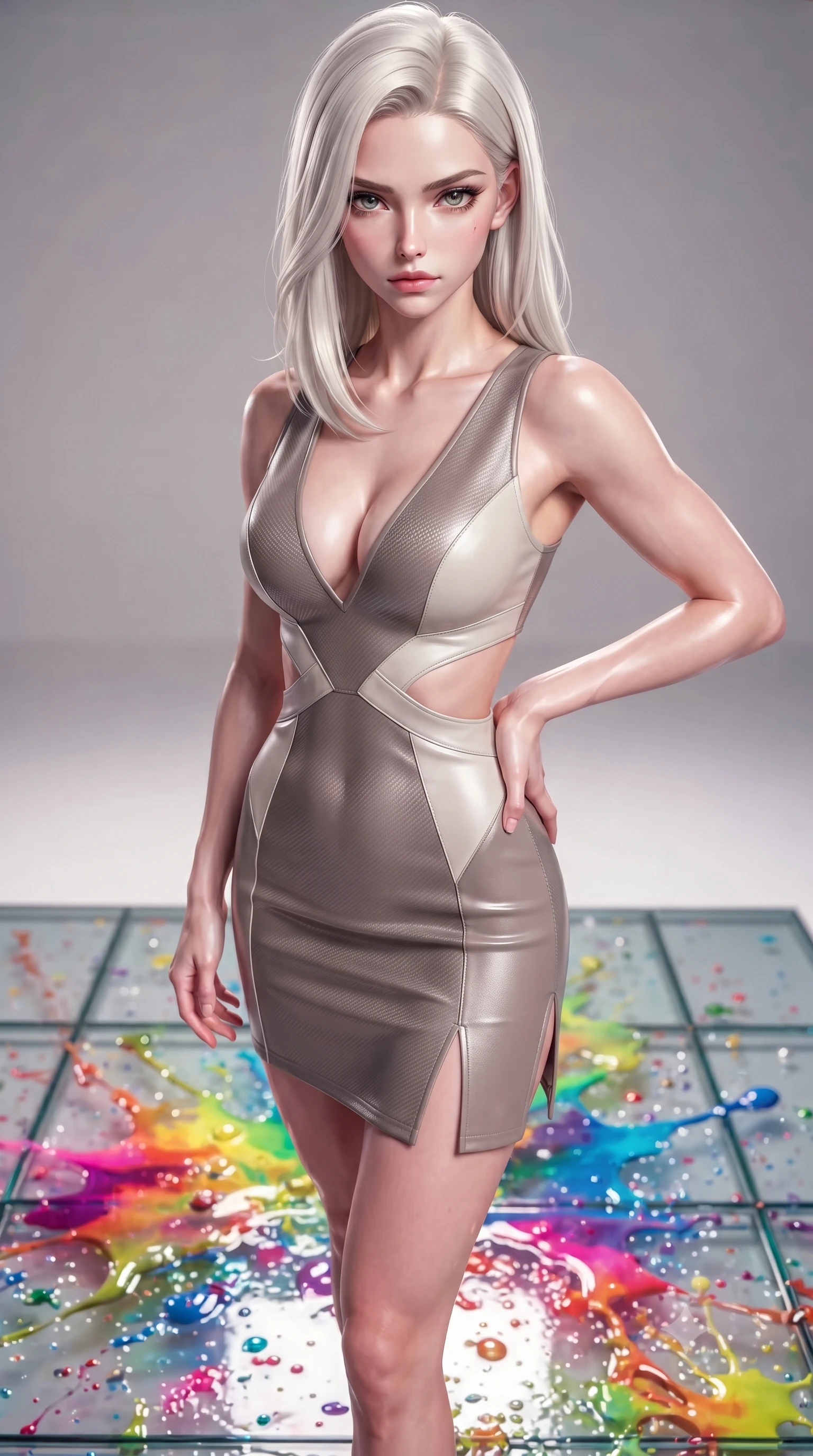 score_9, masterpiece, best quality, ultra-detailed, high-budget anime keyframe, editorial fashion photography, tasteful artistic composition, Caucasian woman. close-up cowboy shot from the waist and thighs up, the character dominates the composition, filling the frame with her large presence, background elements kept in soft focus. Holding a confident power pose with one hand on her hip, gazing directly into the camera with quiet intensity stepping across a reflective glass floor drenched in vibrant fluid splashes, vibrant paint droplets frozen in time casting specular highlights. She has an exceptionally elegant, slender, and willowy female figure with an ultra-slim waist, a gracefully sculpted slender torso, and a refined silhouette. sharp v-shaped jawline, high-bridge nose, intricate jewel-like eyes with depth, thick eyelashes, glossy lips with a natural sheen. wearing a liquid mercury gloss mini dress with ultra-deep V-neck and waist cutouts in muted taupe and soft ivory, made of fine carbon-fiber weave and soft matte leather, finished with a sleek side slit ascending to mid-thigh, the tailored fabric tightly following every curve of her athletic build. bathed in high-contrast vibrant studio lighting with sharp specular highlights. highly saturated vibrant anime colors, detailed shading with soft gradients, rich glossy textures, high-contrast stereoscopic depth, volumetric dynamic lighting, master piece, 9:16 ratio