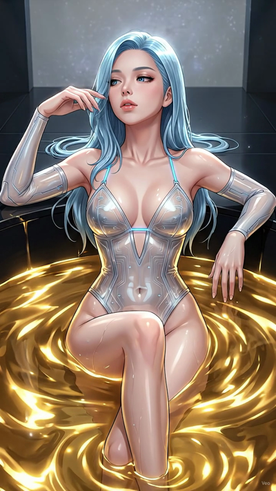 An anime keyframe style video starting from the initial frame. The camera executes a slow, smooth orbit. The background galaxy and stars shimmer and rotate slowly. Volumetric sunbeams shift across the room, illuminating floating dust motes and creati