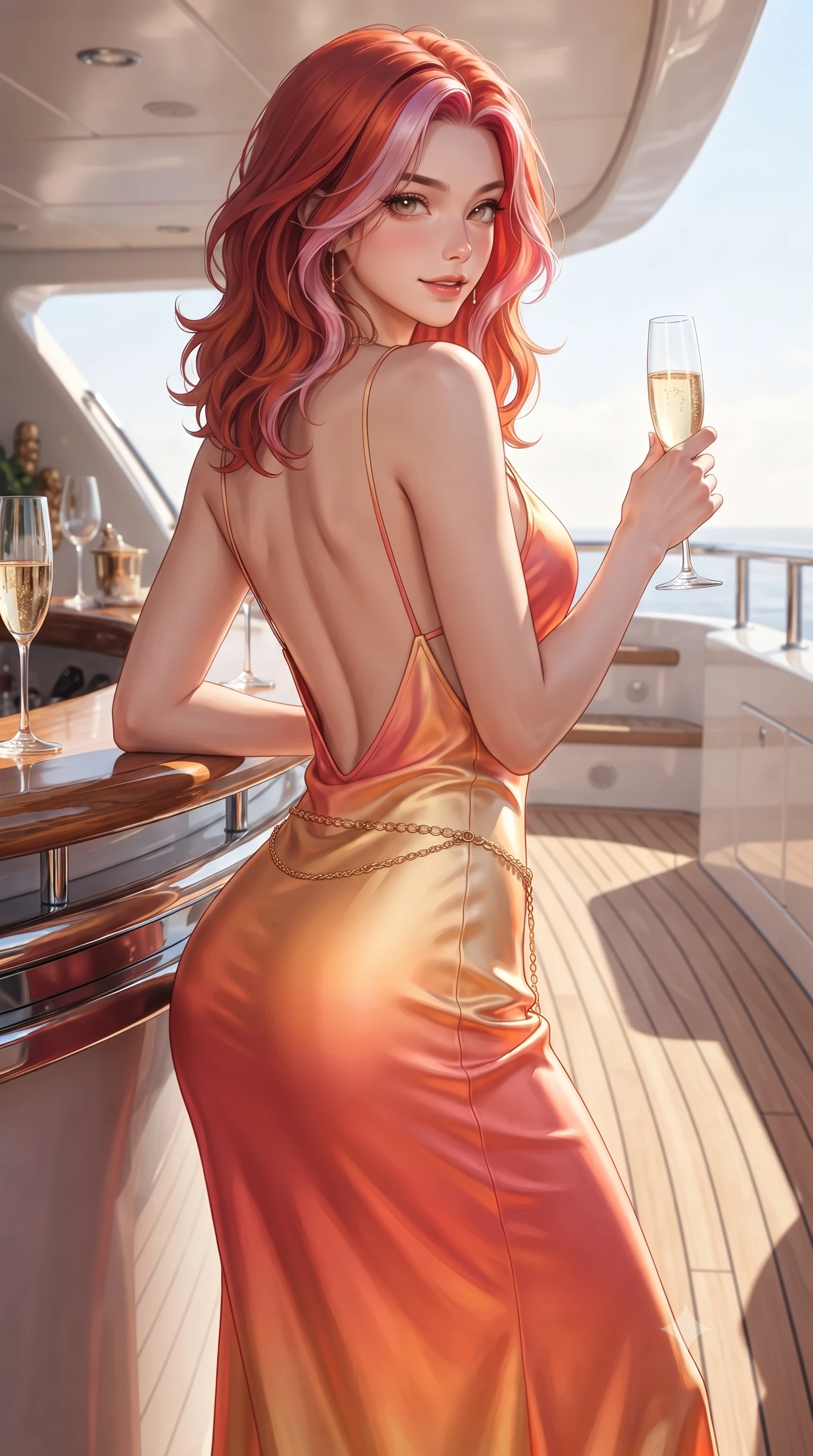 score_9, masterpiece, best quality, ultra-detailed, high-budget anime keyframe, editorial fashion photography, tasteful artistic composition, Caucasian woman. close-up cowboy shot from the waist and thighs up, the character dominates the composition, filling the frame with her large presence. turning over a bare shoulder with an intoxicating, teasing smile, her soft hair framing her sharp jawline as her hips angle gracefully while leaning against the yacht's outdoor bar with hips shifted to one side, holding a champagne flute while locking smoldering eyes with the viewer. The surrounding environment is rendered in vivid detail and crisp panoramic clarity. sharp teak wood deck caulking, polished chrome railing reflections, and marine canvas stitching in deep focus. She has an exceptionally elegant, slender, and willowy female figure with an ultra-slim waist, a gracefully sculpted slender torso, toned flat midriff, and rounded feminine hips creating an alluring hourglass silhouette. sharp v-shaped jawline, high-bridge nose, intricate jewel-like eyes with depth, thick eyelashes, glossy parted lips with a natural sheen, intensely captivating and seductive bedroom-eyes expression, flawlessly proportioned anatomical accuracy, strict slender model proportions, natural body alignment, perfectly sculpted long slender limbs, ultra-slim waistline, clean dynamic posture without body distortion. wearing a radiant champagne silk slip dress with an ultra-deep plunging back and delicate thin straps in vibrant sunset coral and molten gold, made of flexible bio-polymer knit with second-skin elasticity, accented with a delicate gold chain belt resting loosely on her curvy hips, the precision-cut side openings and low-back scoop framing her graceful spine and the sensual sweep of her hips. surrounded by an opulent, sun-drenched, and breathtakingly seductive jet-set heiress aura. ultra-reflective glossy finish, specular highlights, rich textural contrasts, high-contrast stereoscopic depth, volumetric dynamic lighting, 2k, ultra detail, master piece, 9:16 ratio