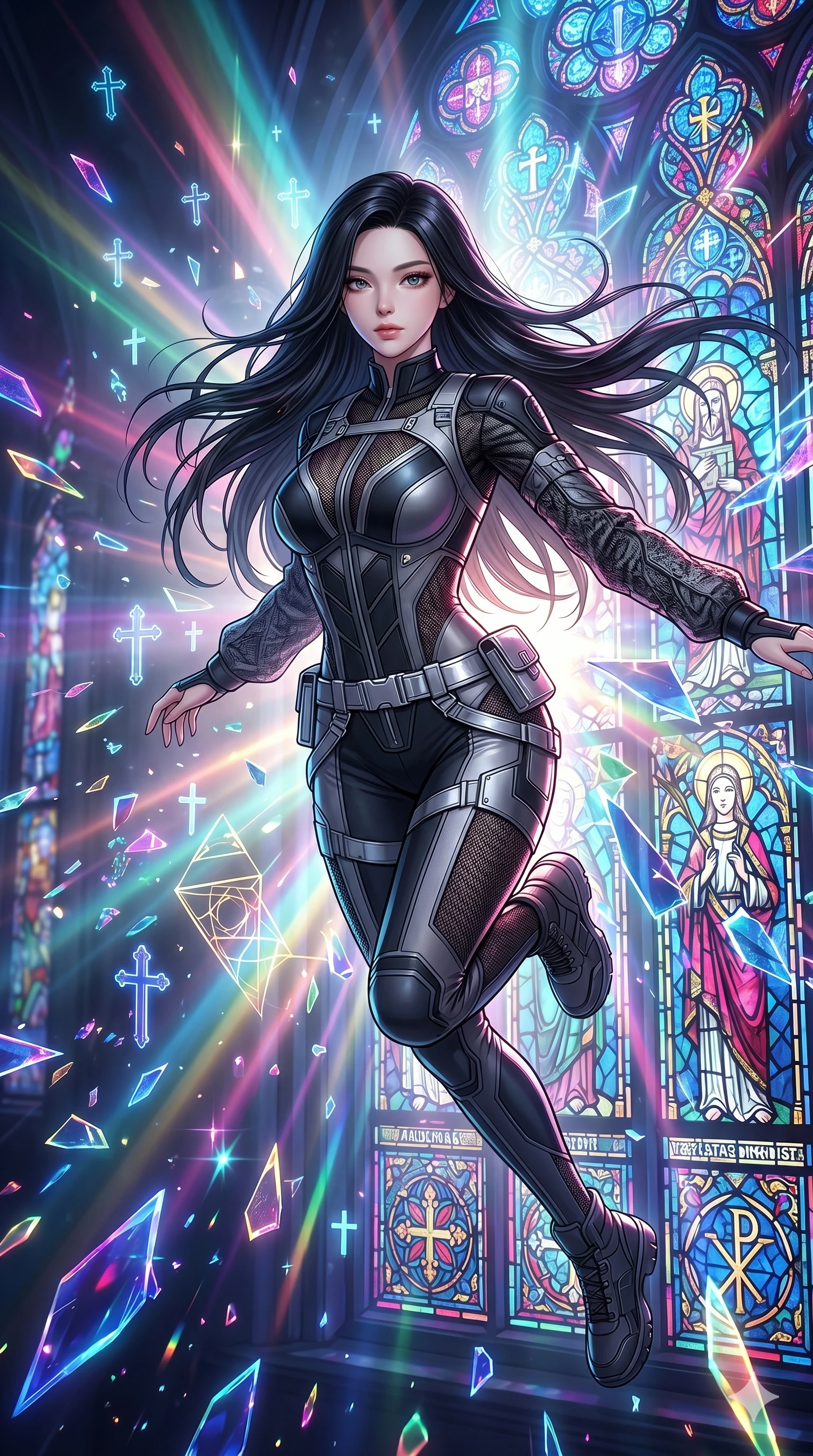 score_9, masterpiece, best quality, ultra-detailed, high-budget anime keyframe, Korean woman. Upper body close-up from the thighs up, character filling the screen for maximum presence. She is leaping through shattered stained glass of a neon-lit futuristic cathedral. She maintains a serene yet captivating expression amidst a rain of glowing shards and floating digital cross symbols. She has an absolutely perfect 8-heads proportion, a tall and elegant figure with a refined silhouette and a defined waistline. V-shaped jawline, high-bridge nose, intricate jewel-like eyes with depth, thick eyelashes, glossy lips with a natural sheen. She is wearing a high-fashion tech-jumpsuit featuring structured panel overlays across the torso and shoulders, accented by a metallic silver utility belt and textured fabric sleeves. The scene is backlit by intense multi-colored neon light rays and volumetric dawn light filtering through fog. 2k, ultra detail, master piece, 9:16 ratio