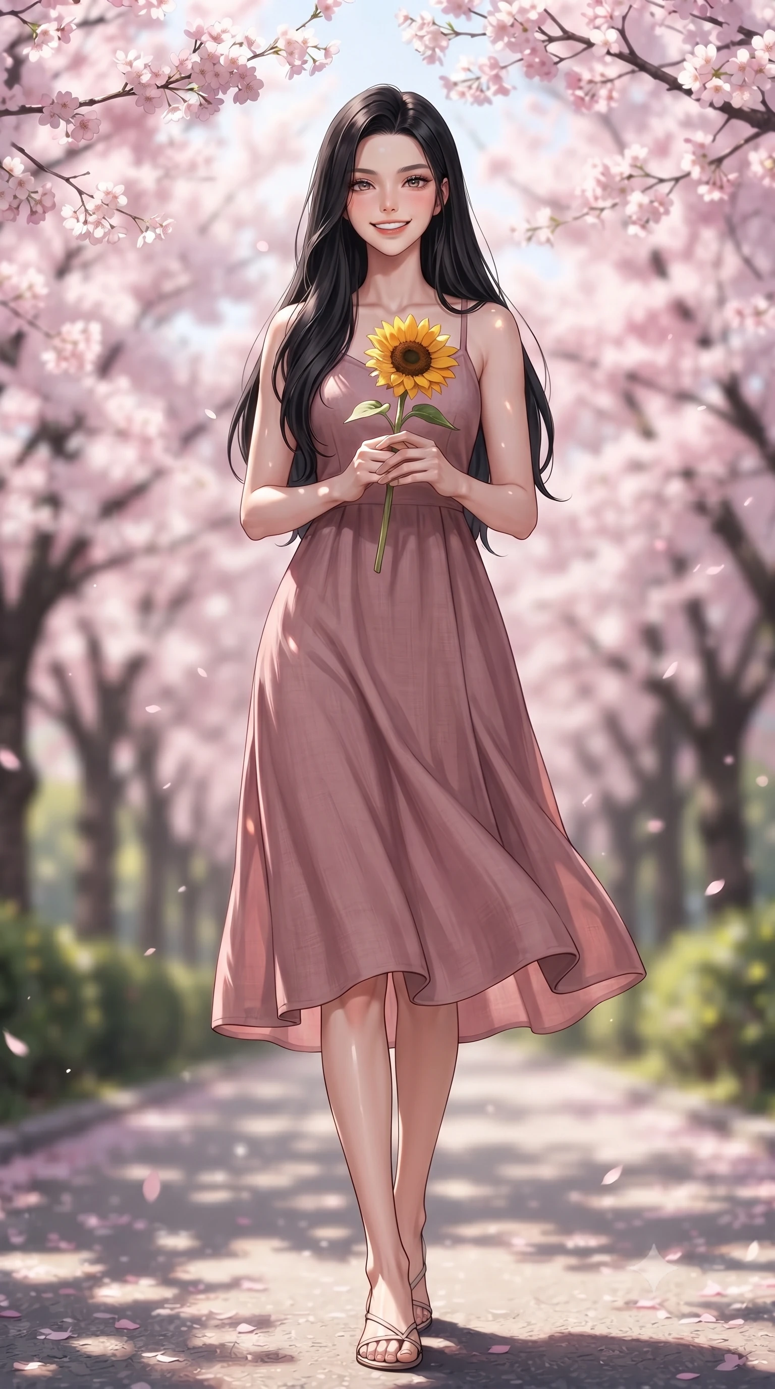 score_9, masterpiece, best quality, ultra-detailed, high-budget anime keyframe, editorial fashion photography, tasteful artistic composition, Korean woman. low angle full-body shot from head to toe showing her feet, filling the entire 9:16 vertical frame with her statuesque presence, stretching her vertical silhouette. standing in a captivating power pose, tilting her chin up with a smoldering, bright expression set against a soft-focus background of walking down a park path lined with blooming pink cherry blossom trees holding a single bright sunflower with a cheerful, sunny grin. She has an absolutely perfect, statuesque 8.5-heads proportion, an exceptionally tall and slender model-like female figure with impossibly long slender legs and an ultra-slim waist. sharp v-shaped jawline, high-bridge nose, intricate jewel-like eyes with depth, thick eyelashes, glossy lips with a natural sheen. wearing slim-fit flowy linen sundress in dusty rose, draped softly and comfortably. dappled sunlight filtering through the cherry blossom branches onto her face. ultra-reflective glossy finish, specular highlights, metallic sheen, high-contrast stereoscopic depth, volumetric dynamic lighting, 2k, ultra detail, master piece, 9:16 ratio