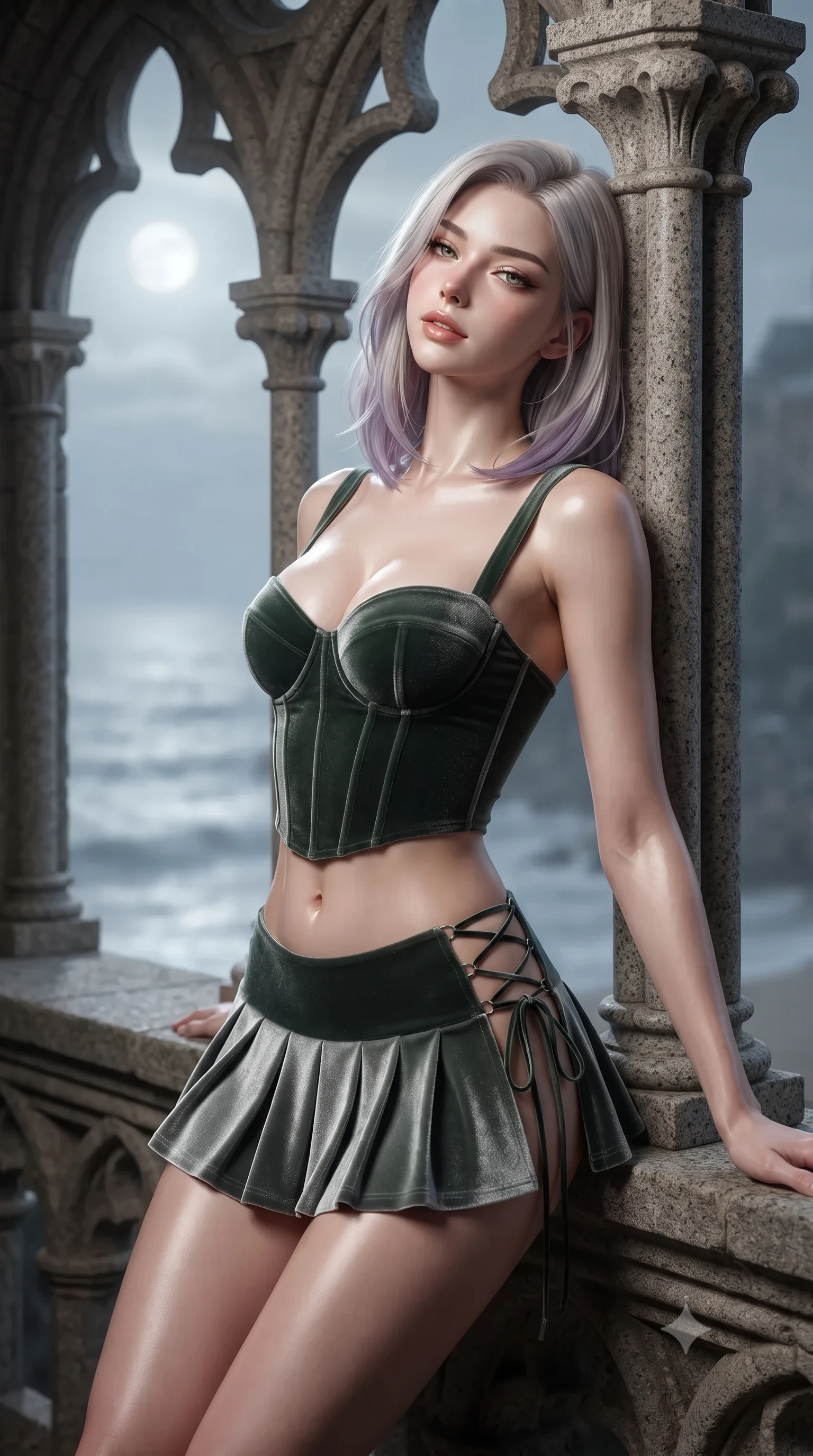 score_9, masterpiece, best quality, ultra-detailed, high-budget anime keyframe, editorial fashion photography, tasteful artistic composition, Caucasian woman. close-up cowboy shot from the waist and thighs up, the character dominates the composition, filling the frame with her large presence. leaning back against the balustrade with relaxed seductive grace, head tilted back slightly while casting a hypnotic, heavy-lidded gaze while leaning against the slender double-fluted granite column with hips cocked back, looking through open carved trefoil arches with smoldering bedroom-eyes. The background shows a soft-focus swirling coastal sea mist softened in sacred gothic abbey sanctuary shallow focus. She has an exceptionally elegant, slender, and willowy female figure with an ultra-slim waist, flat toned midriff, narrow ribcage, and sculpted feminine hips creating an alluring, slim hourglass silhouette without bulk. sharp v-shaped jawline, high-bridge nose, intricate jewel-like sparkling eyes with depth, thick eyelashes, glossy parted lips with a natural peach sheen, bright cheerful beaming smile with an enchanting and coquettish sensual glint, exuding both youthful cute charm and seductive allure, flawlessly proportioned anatomical accuracy, strict slender model proportions, natural body alignment, perfectly sculpted long slender limbs, ultra-slim waistline, clean dynamic posture without body distortion. wearing a structured boned velvet bustier top paired with an ultra-short low-rise pleated micro mini skirt in Loch Ness deep peat moss green and silver starlight, tailored from ultra-plush silk velvet with rich tactile depth and deep shadow gradients, featuring fine criss-cross lace-up side ties revealing tantalizing glimpses of her hip curve, the impeccably tailored cut draping gracefully along her slender figure with aristocratic poise. bathed in the mystical silver 5200K illumination of the full moon reflected across tidal sands mixed with soft amber cloister lanterns. ultra-reflective glossy finish, specular highlights, rich textural contrasts, high-contrast stereoscopic depth, volumetric dynamic lighting, 2k, ultra detail, master piece, 9:16 ratio