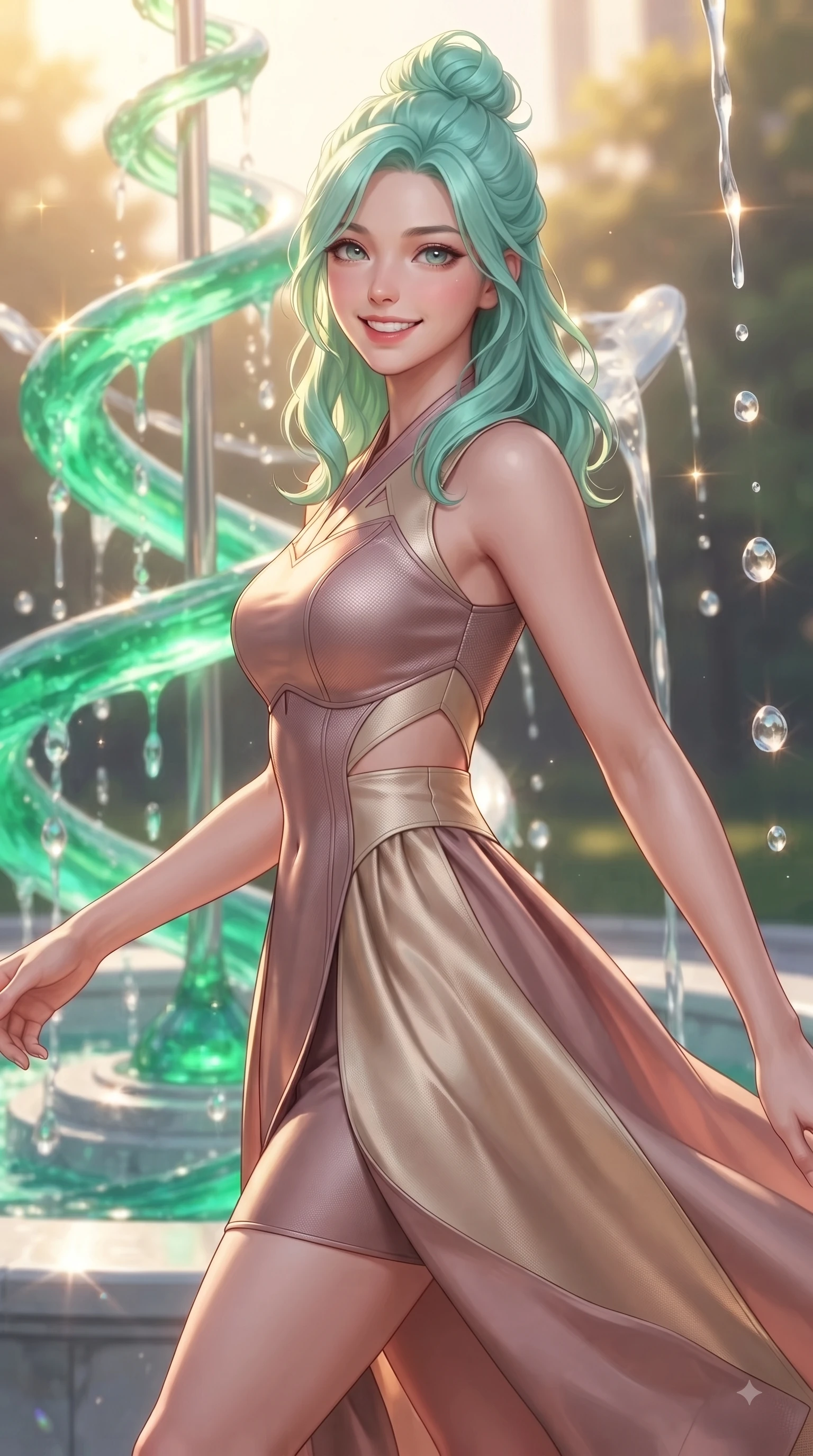 score_9, masterpiece, best quality, ultra-detailed, high-budget anime keyframe, editorial fashion photography, tasteful artistic composition, Japanese woman. close-up cowboy shot from the waist and thighs up, the character dominates the composition, filling the frame with her large presence, background elements kept in soft focus. Gazing directly into the camera with a joyful, infectious smile as her torso curves dynamically in mid-stride while pivoting dynamically beside a hydro-flow spiral fountain flowing with bright emerald sap, translucent water droplets cascading down platinum fountains with sparkling luster. She has an exceptionally elegant, slender, and willowy female figure with an ultra-slim waist, a gracefully sculpted slender torso, and a refined silhouette. sharp v-shaped jawline, high-bridge nose, intricate jewel-like eyes with depth, thick eyelashes, glossy lips with a natural sheen, flawlessly proportioned anatomical accuracy, natural body alignment, perfectly sculpted elegant limbs, clean dynamic posture without body distortion. wearing a modern fusion silk hanbok dress with a structured bodice and flowing skirt in dusty rose and champagne gold, made of fine carbon-fiber weave and soft matte leather, featuring subtle geometric cutouts that highlight her ultra-slim midriff, the sleek second-skin texture accentuating her magnetic presence. bathed in warm golden sunlight and bright emerald bioluminescent glow. ultra-reflective glossy finish, specular highlights, metallic sheen, high-contrast stereoscopic depth, volumetric dynamic lighting, 2k, ultra detail, master piece, 9:16 ratio