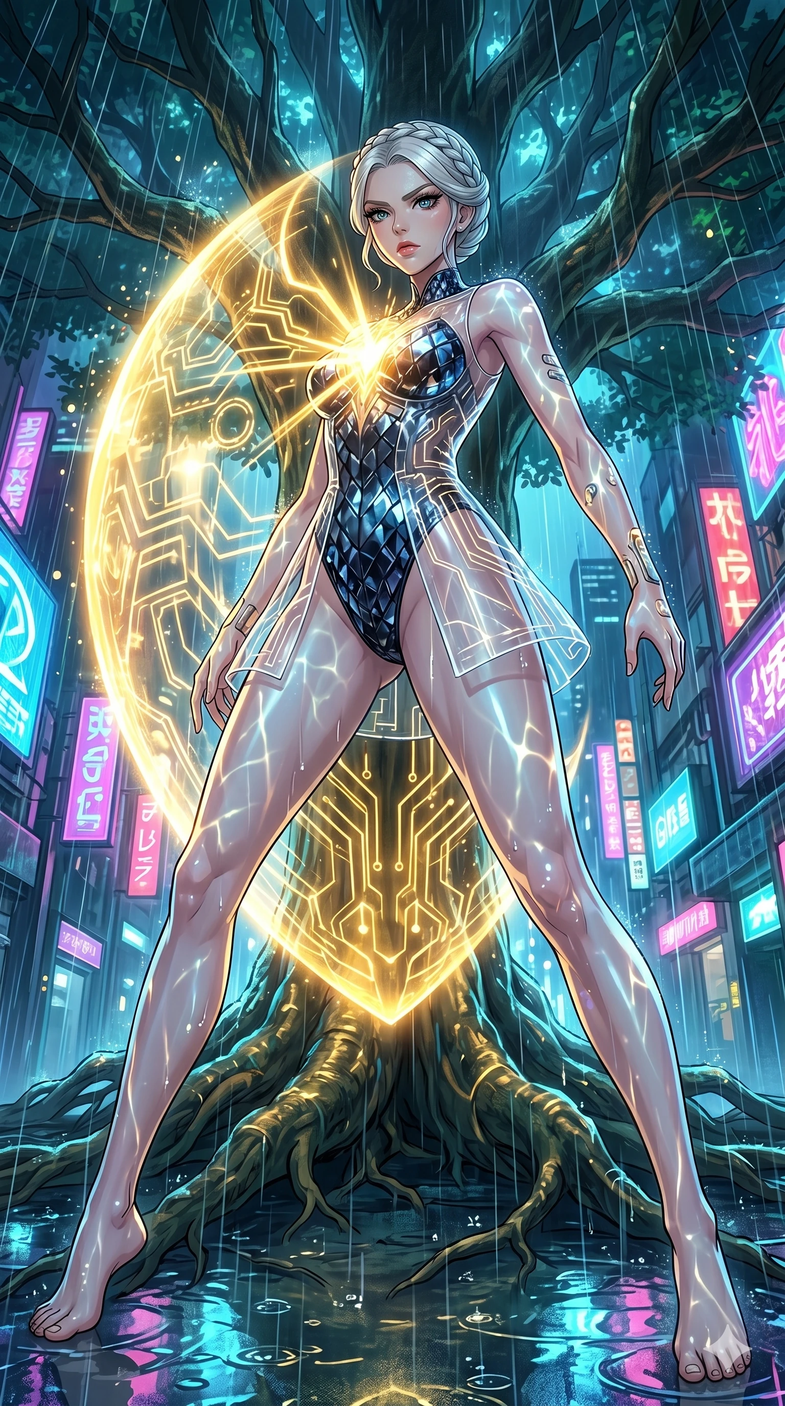 score_9, masterpiece, best quality, ultra-detailed, High-budget Anime Keyframe, vibrant colors, fluid line-art, expressive lighting, cinematic composition, Ufotable-style visual effects, top-tier animation quality, Caucasian woman with pale skin, blonde hair, and (strictly human ears). Wide-angle low shot emphasizing her impossibly long slender legs and commanding stature. Protecting a sacred world-tree with her own life-force, a golden shield expanding from her heart to cover the forest. She has an absolutely perfect 8-heads proportion, an exceptionally tall and slender female figure with impossibly long slender legs and an ultra-slim waist, her statuesque height and towering silhouette dominating the vertical 9:16 frame. Her face is a masterpiece featuring a sharp v-shaped jawline, high-bridge nose, intricate jewel-like eyes with depth, thick eyelashes, and glossy lips with a natural sheen. She is wearing a Transparent mini-dress with glowing internal circuits and a high-cut structural leotard crafted from Obsidian-glass scales that shimmer with a dark, crystalline brilliance, featuring a crystalline structure that catches the light and reveals her slender frame. The scene is set in a sprawling cyberpunk metropolis in heavy rain with vibrant neon glows reflecting on every surface, illuminated by underwater caustic lighting with ripples of light dancing across her body. 2k, ultra detail, master piece, 9:16 ratio
