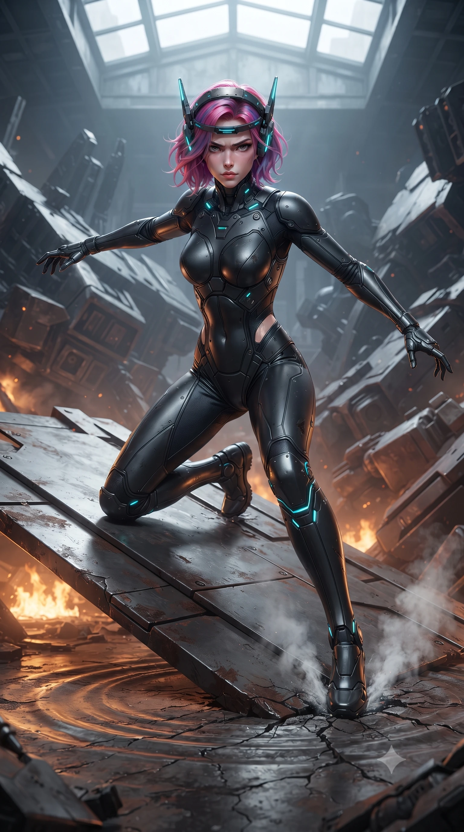 score_9, masterpiece, best quality, ultra-detailed, high-budget anime keyframe, editorial fashion photography, tasteful artistic composition, Caucasian woman. low angle full-body shot from head to toe showing her feet, filling the entire 9:16 vertical frame with her statuesque presence, stretching her vertical silhouette. landing gracefully from a high-altitude leap on one knee and palm, her statuesque silhouette framed by radial shockwave ripples in the ground while pivoting dynamically on the slanted metal plating as steam hisses from cooling hydraulics beneath her boots. The surrounding environment is rendered in vivid detail and crisp panoramic clarity. high-contrast mechanical chiaroscuro and monumental war-machine wreckage captured with precision. She has an absolutely perfect, statuesque 8.5-heads proportion, an exceptionally tall and slender model-like female figure with impossibly long slender legs, a toned flat midriff, and an ultra-slim waist. sharp v-shaped jawline, high-bridge nose, intricate jewel-like eyes with depth, thick eyelashes, glossy lips with a natural sheen, fierce and resolute heroine expression, flawlessly proportioned anatomical accuracy, strict slender model proportions, natural body alignment, perfectly sculpted long slender limbs, ultra-slim waistline, clean dynamic posture without body distortion. wearing a lightweight carbon-fiber tactical sensory headpiece with glowing cyan ear-antennae and an ultra-thin forehead HUD brow-band, paired with a form-contouring high-mobility battle-suit featuring sculpted carbon chest plating, diagonal midriff ventilation cutouts, and kinetic knee vambraces in matte battle-worn obsidian carbon with electric cyan hazard conduits, tailored from flexible second-skin ballistic carbon-mesh adhering flawlessly to her athletic build, featuring a sleek aerodynamic collar framed by subtle glowing cybernetic status LEDs, the precision-cut daring openings accentuating her delicate midriff, graceful bare collarbones, and ultra-slim feminine waistline. bathed in glowing amber reactor fire uplights and cool overcast skylight fill. ultra-reflective glossy finish, specular highlights, dark metallic sheen, high-contrast stereoscopic depth, volumetric dynamic lighting, 2k, ultra detail, master piece, 9:16 ratio