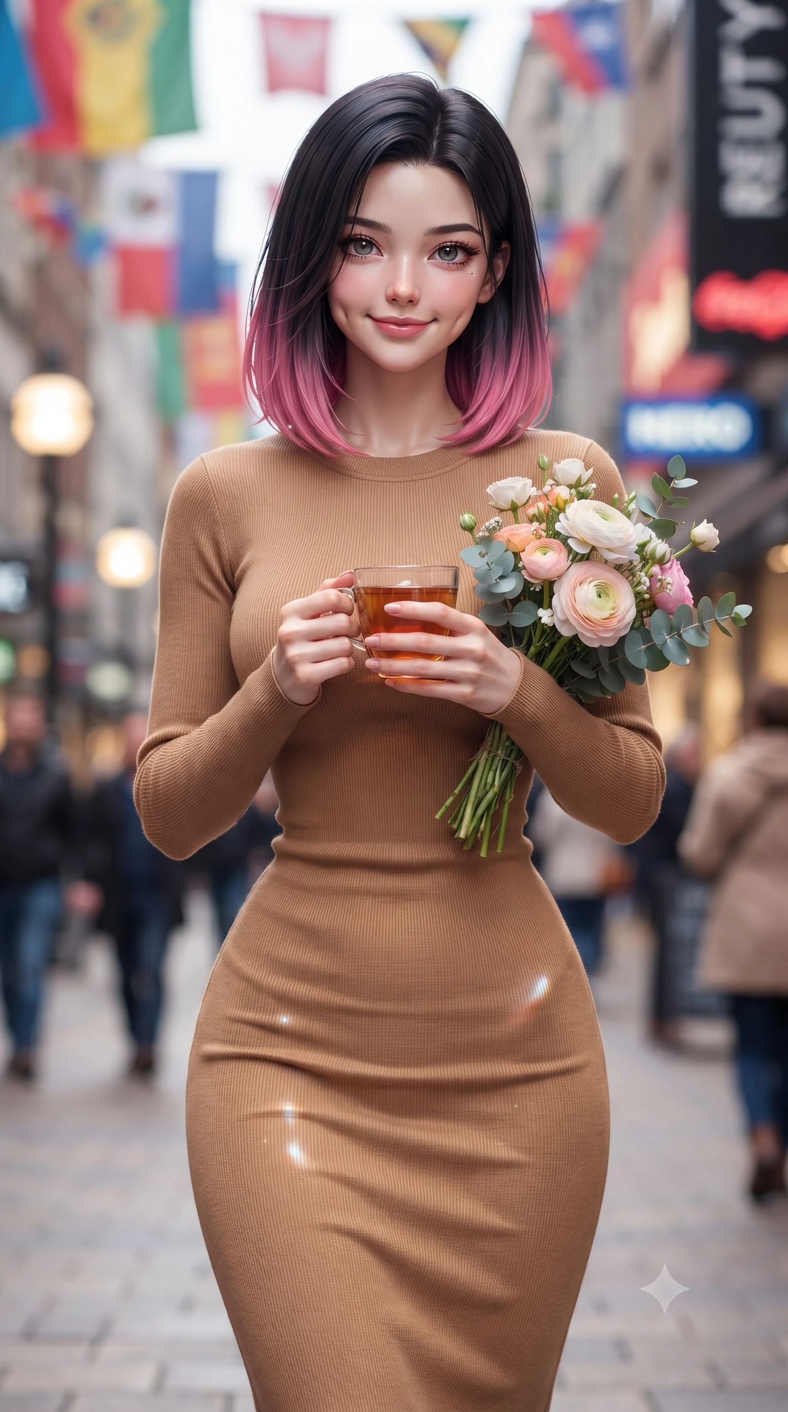 score_9, masterpiece, best quality, ultra-detailed, high-budget anime keyframe, editorial fashion photography, tasteful artistic composition, Korean woman. close-up cowboy shot from the waist and thighs up, the character dominates the composition, filling the frame with her large presence, background elements kept in soft focus. smiling with soft, cute dimples, holding a warm cup of tea with both hands set against a soft-focus background of walking down a pedestrian shopping boulevard with colorful flags overhead holding a small bouquet of fresh flowers bought from a street vendor. She has an exceptionally elegant, slender, and willowy female figure with an ultra-slim waist, a gracefully sculpted slender torso, and a refined silhouette. sharp v-shaped jawline, high-bridge nose, intricate jewel-like eyes with depth, thick eyelashes, glossy lips with a natural sheen. wearing form-contouring sleek, body-hugging long-sleeve knit dress in camel, outlining her slender silhouette. vibrant streetlights and store signs casting dynamic highlights on her form. ultra-reflective glossy finish, specular highlights, metallic sheen, high-contrast stereoscopic depth, volumetric dynamic lighting, 2k, ultra detail, master piece, 9:16 ratio