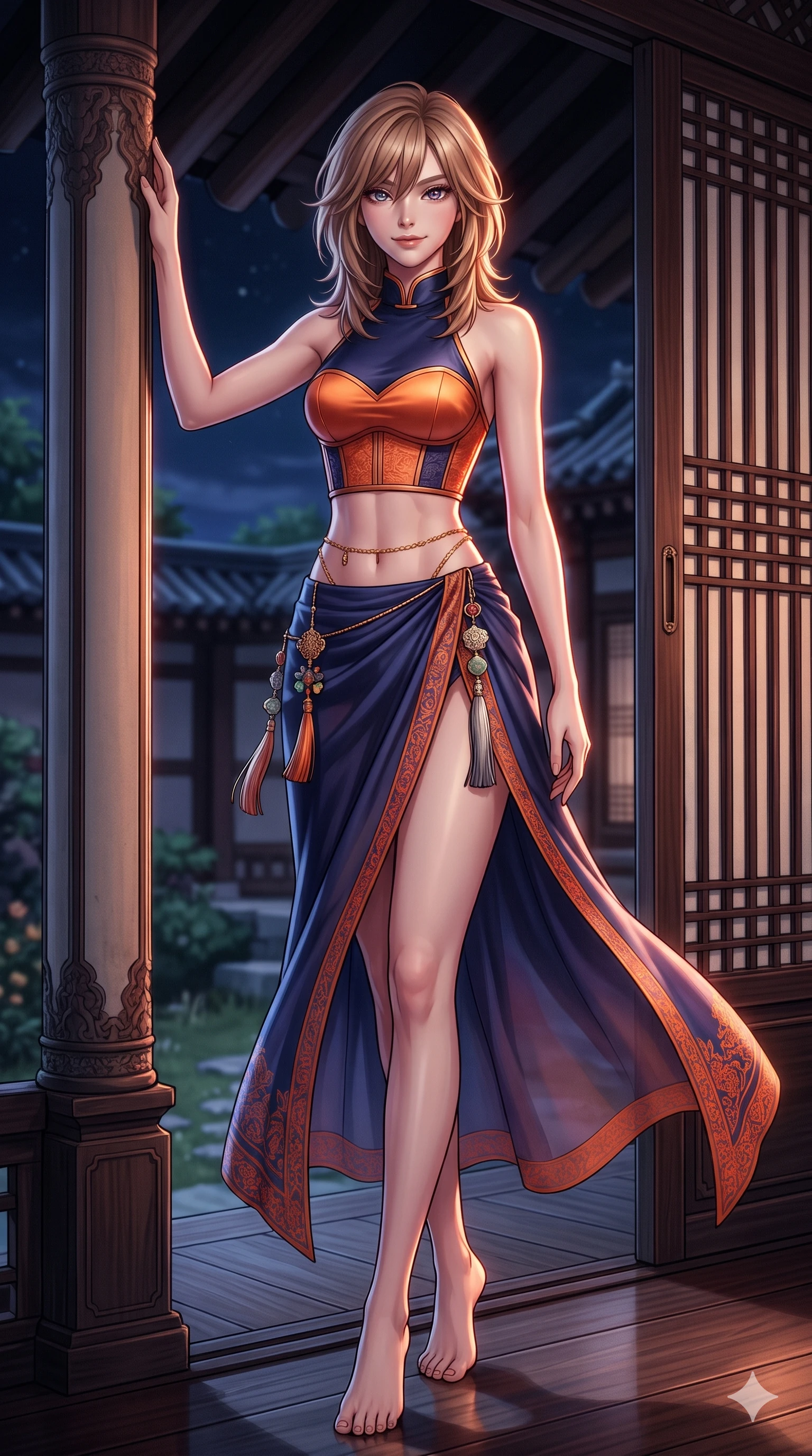 score_9, masterpiece, best quality, ultra-detailed, high-budget anime keyframe, semi-realistic 3D game render, editorial fashion photography, tasteful artistic composition, Japanese woman. low angle full-body shot from head to toe showing her feet, filling the entire 9:16 vertical frame with her statuesque presence, stretching her vertical silhouette. standing tall beside the architectural column, one hand resting high while arching her lower back to emphasize her sculpted feminine hips and slender waist while standing poised in the doorway opening, night breezes billowing her sheer silk garments open around her long slender legs. The surrounding environment is rendered in vivid detail and crisp panoramic clarity: detailed boned hanbok bustier tailoring, norigae tassel fringe, and traditional wooden lattice craft in razor-sharp clarity. She has an absolutely perfect, statuesque 8.5-heads proportion, an exceptionally tall and slender model-like female figure with impossibly long slender legs, an ultra-slim waist, a flat toned midriff, narrow delicate ribcage, and beautifully sculpted feminine hips creating a graceful, slim hourglass silhouette without any bulky heaviness. sharp v-shaped jawline, high-bridge nose, sparkling eyes with hypnotic seductive depth, thick curled eyelashes, glossy parted lips with a natural dewy peach sheen, alluring bedroom-eyes with an enchanting coquettish smile, exuding magnetic siren charisma and sophisticated glamour, flawlessly proportioned anatomical accuracy, strict slender model proportions, natural body alignment, perfectly sculpted long slender limbs, ultra-slim waistline, clean dynamic posture without body distortion. wearing a sleek high-neck backless silk halter leotard styled with a high-slit chima wrap skirt revealing her long slender legs in sunset tangerine orange and deep navy indigo, made of supple butter-soft lambskin leather with a subtle satin sheen, finished with a dainty gold belly chain resting across her flat midriff and curving hips, the form-contouring silhouette accentuating her sculpted flat midriff, narrow delicate ribcage, and gracefully curvy hips with intoxicating allure. illuminated by polished floor bounce and sharp rose-gold rim lights defining her razor-sharp jawline, narrow waist, and curvy hips. highly saturated vibrant anime colors, detailed shading with soft gradients, rich glossy textures, high-contrast stereoscopic depth, volumetric dynamic lighting, master piece, 9:16 ratio