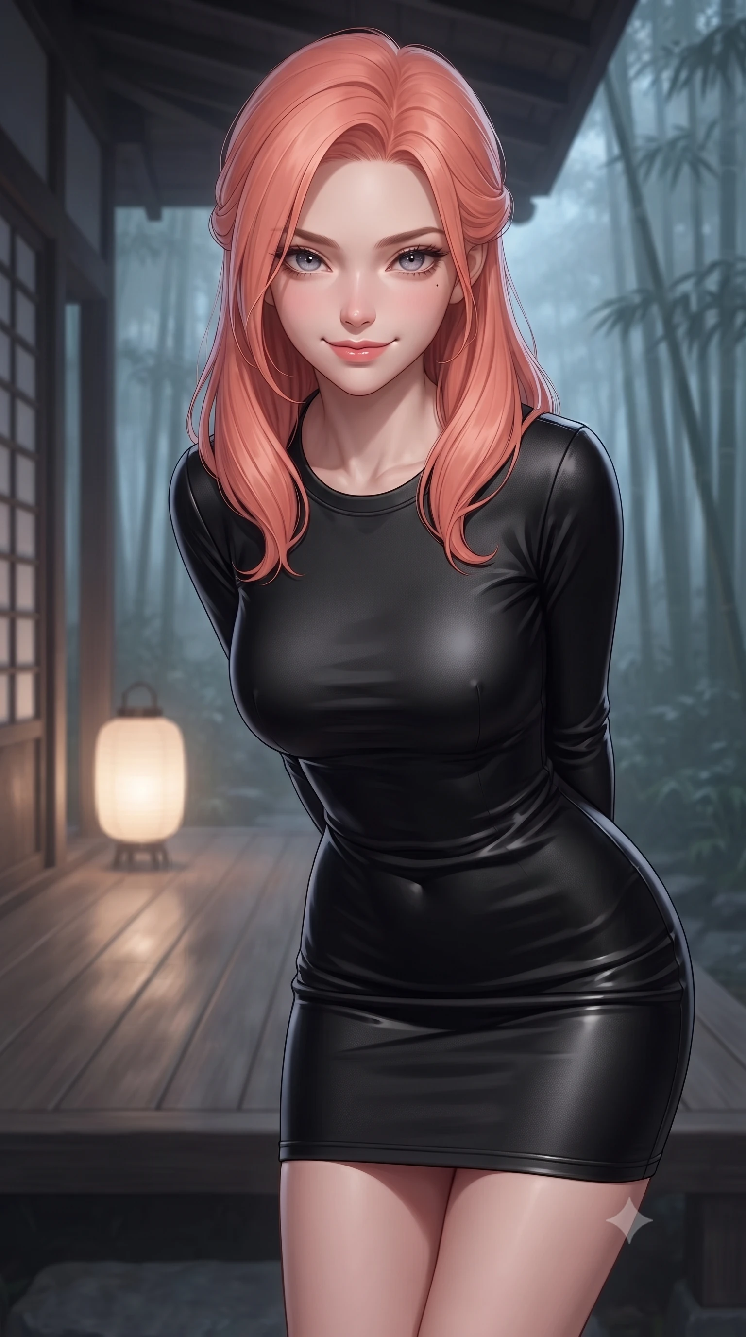score_9, masterpiece, best quality, ultra-detailed, high-budget anime keyframe, editorial fashion photography, tasteful artistic composition, Japanese woman. close-up cowboy shot from the waist and thighs up, the character dominates the composition, filling the frame with her large presence, background elements kept in soft focus. leaning slightly forward with a playful, teasing smile, her gaze locked onto the viewer the background shows a soft-focus the wooden veranda of a traditional house facing a misty bamboo grove at midnight. She has an exceptionally elegant, slender, and willowy female figure with an ultra-slim waist, a gracefully sculpted slender torso, and a refined silhouette. sharp v-shaped jawline, high-bridge nose, intricate jewel-like eyes with depth, thick eyelashes, glossy lips with a natural sheen. wearing a body-hugging form-fitting black bodycon dress in structured crepe fabric with a simple crew neck. soft morning mist diffusing the warm light of a paper lantern. ultra-reflective glossy finish, specular highlights, metallic sheen, high-contrast stereoscopic depth, volumetric dynamic lighting, 2k, ultra detail, master piece, 9:16 ratio