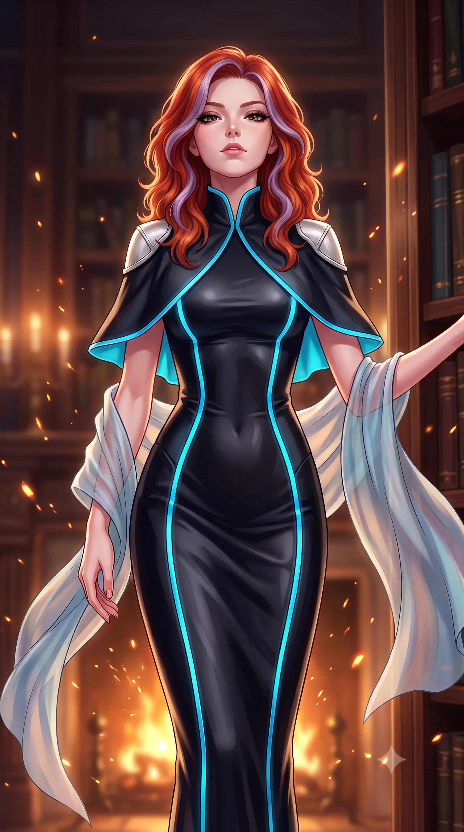 score_9, masterpiece, best quality, ultra-detailed, high-budget anime keyframe, semi-realistic 3D game render, editorial fashion photography, tasteful artistic composition, Caucasian woman. close-up cowboy shot from the waist and thighs up, the character dominates the composition, filling the frame with her large presence. tilting her chin up with proud, sovereign confidence while gazing directly into the lens with thick, dark eyelashes while slipping through a secret revolving bookcase door from the grand library with sovereign stealth and fluid grace. The composition keeps background elements in soft focus with creamy bokeh. flickering fireplace sparks and gold leaf mask reflections scattering warm radiant light motes. She has an exceptionally elegant, slender, and willowy female figure with an ultra-slim waist, a gracefully sculpted slender torso, toned flat midriff, and a refined slim silhouette. sharp v-shaped jawline, high-bridge nose, intricate jewel-like eyes with depth, thick eyelashes, glossy lips with a natural sheen, captivating and magnetic expression, flawlessly proportioned anatomical accuracy, strict slender model proportions, natural body alignment, perfectly sculpted long slender limbs, ultra-slim waistline, clean dynamic posture without body distortion. wearing a modern royal capelet gown with platinum shoulder epaulets and a slender column skirt in polished asphalt black and electric cyan LED lines, crafted from flexible ballistic matte leather and ultra-sleek stretch neoprene, finished with a gossamer silk shawl draped loosely over her elbows, the breezy yet form-flattering drape swaying gracefully with her steps, accentuating her long willowy limbs and slim waistline. surrounded by an enigmatic, enchanting, and lethal undercover spy duchess aura. highly saturated vibrant anime colors, detailed shading with soft gradients, rich glossy textures, high-contrast stereoscopic depth, volumetric dynamic lighting, master piece, 9:16 ratio