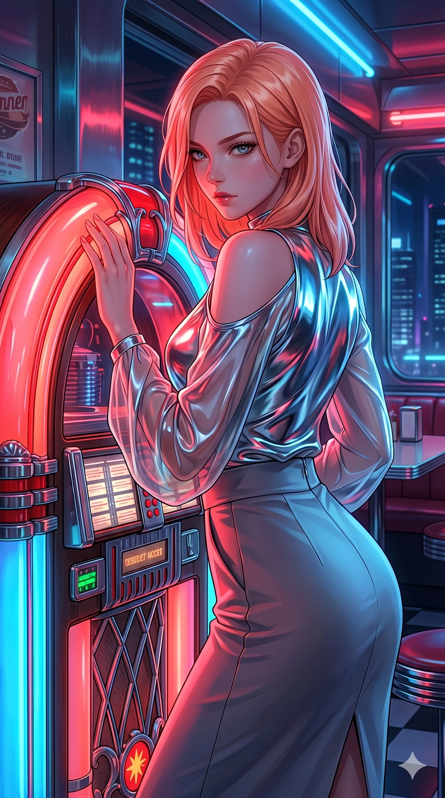score_9, masterpiece, best quality, ultra-detailed, high-budget anime keyframe, Japanese woman. Upper body close-up from the thighs up, character filling the screen for maximum presence. Standing next to a retro jukebox in a futuristic diner, leaning against the jukebox, looking back with an enigmatic, intense gaze. She is wearing an asymmetrical liquid-chrome top with sheer sleeves and a high-waisted skirt. The scene is illuminated by the neon red and blue glow of the jukebox. 2k, ultra detail, master piece, 9:16 ratio