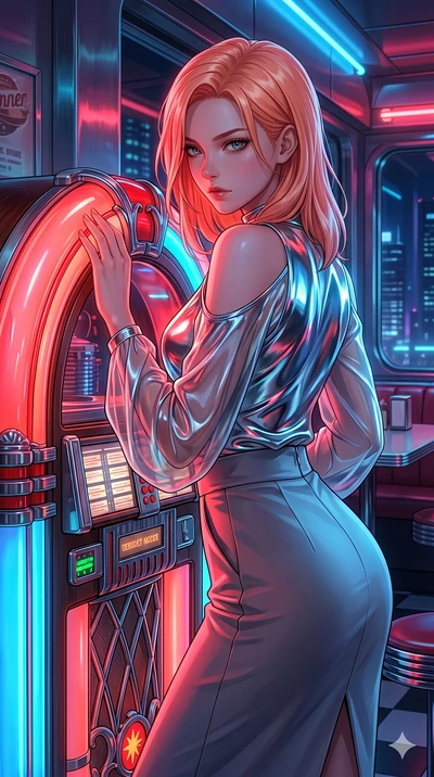 score_9, masterpiece, best quality, ultra-detailed, high-budget anime keyframe, Japanese woman. Upper body close-up from the thighs up, character filling the screen for maximum presence. Standing next to a retro jukebox in a futuristic diner, leaning