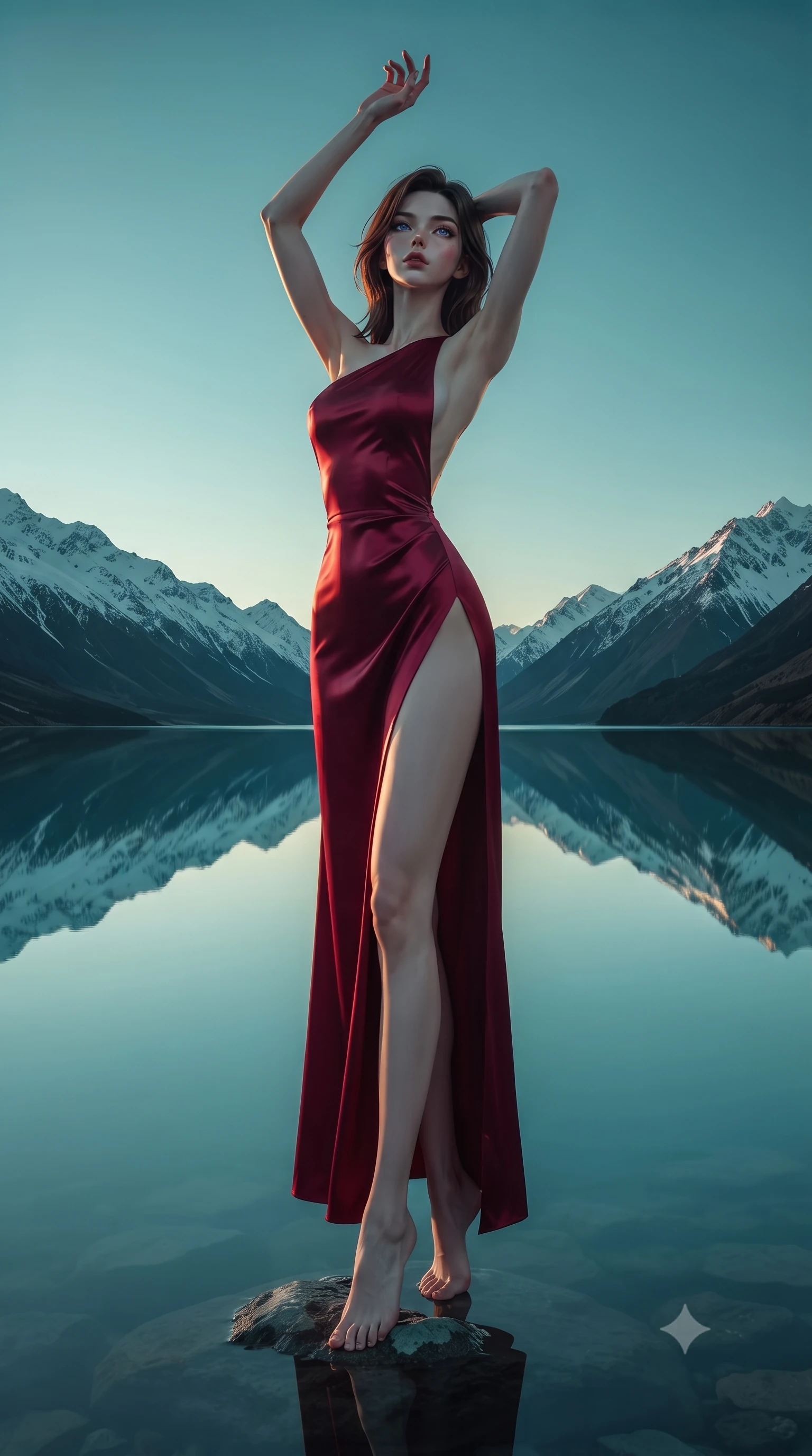 score_9, masterpiece, best quality, ultra-detailed, high-budget anime keyframe, editorial fashion photography, tasteful artistic composition, Korean woman. low angle full-body shot from head to toe showing her feet, filling the entire 9:16 vertical frame with her statuesque presence, stretching her vertical silhouette. floating with ethereal lightness within a perfectly still glacial lake at dawn reflecting snow-capped mountains in absolute mirror perfection with the water surface so calm the reflection is indistinguishable from reality creating a vertically symmetrical world. She has a statuesque 8.5-heads proportion, an exceptionally tall, slender and willowy model-like build with impossibly long legs and a highly sculpted ultra-slim waist. sharp v-shaped jawline, high-bridge nose, intricate jewel-like eyes with depth, thick eyelashes, glossy lips with a natural sheen. wearing a high-slit evening gown in deep crimson silk, featuring an asymmetric one-shoulder design and a bare back. warm amber rim lighting combined with cool teal fill light creating dramatic contrast. 2k, ultra detail, master piece, 9:16 ratio