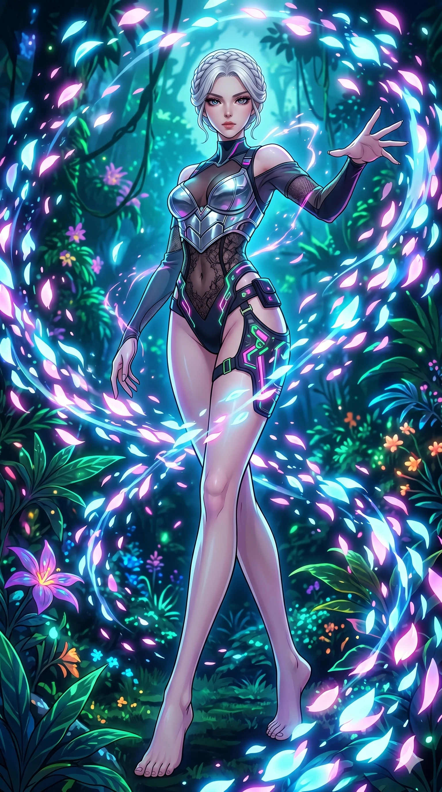 score_9, masterpiece, best quality, ultra-detailed, High-budget Anime Keyframe, vibrant colors, fluid line-art, expressive lighting, cinematic composition, Ufotable-style visual effects, top-tier animation quality, Korean woman with idol-like refined features. Dynamic full-body shot stretching the vertical silhouette, capturing her from a powerful low-angle perspective. Summoning a flurry of glowing petals that swirl in a rhythmic dance. She has an absolutely perfect 8-heads proportion, an exceptionally tall and slender female figure with impossibly long slender legs and an ultra-slim waist, her statuesque height and towering silhouette dominating the vertical 9:16 frame. Her face is a masterpiece featuring a sharp v-shaped jawline, high-bridge nose, intricate jewel-like eyes with depth, thick eyelashes, and glossy lips with a natural sheen. She is wearing a Asymmetrical high-cut tech-bodysuit with detached sleeves, chrome-plated corset over sheer lace, and neon-lit tactical gear with suggestive cutouts.. The scene is set in a bioluminescent jungle where every leaf and flower glows with a unique frequency. 2k, ultra detail, master piece, 9:16 ratio