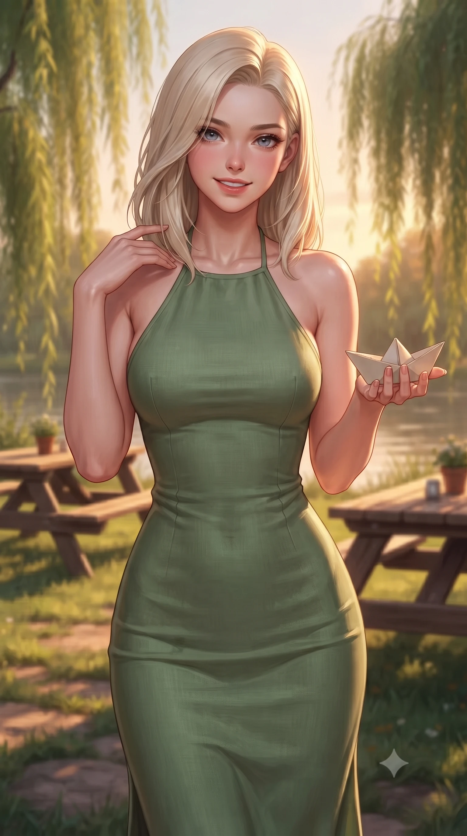 score_9, masterpiece, best quality, ultra-detailed, high-budget anime keyframe, editorial fashion photography, tasteful artistic composition, Caucasian woman. close-up cowboy shot from the waist and thighs up, the character dominates the composition, filling the frame with her large presence, background elements kept in soft focus. flashing a sweet yet sultry smile, holding her hand near her shoulder in a poised gesture set against a soft-focus background of at a riverside picnic area with wooden tables under weeping willow trees holding a small paper boat with a delighted smile, ready to float it. She has an exceptionally elegant, slender, and willowy female figure with an ultra-slim waist, a gracefully sculpted slender torso, and a refined silhouette. sharp v-shaped jawline, high-bridge nose, intricate jewel-like eyes with depth, thick eyelashes, glossy lips with a natural sheen. wearing form-contouring backless linen halter dress in sage green, showing her elegant shoulder lines. volumetric sunset rays casting long warm highlights on her active form. highly saturated vibrant anime colors, detailed shading with soft gradients, rich glossy textures, high-contrast stereoscopic depth, volumetric dynamic lighting, master piece, 9:16 ratio